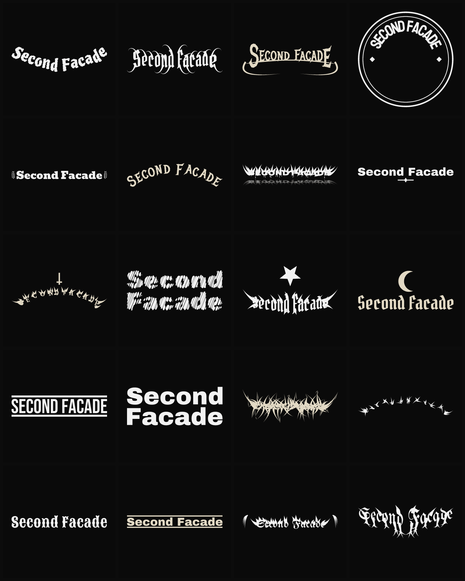 Twenty Second Facade band logo ideas — different faces, treatments and spike settings