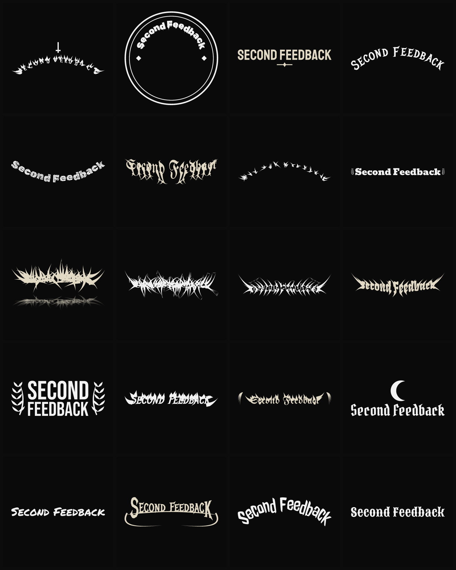 Twenty Second Feedback band logo ideas — different faces, treatments and spike settings