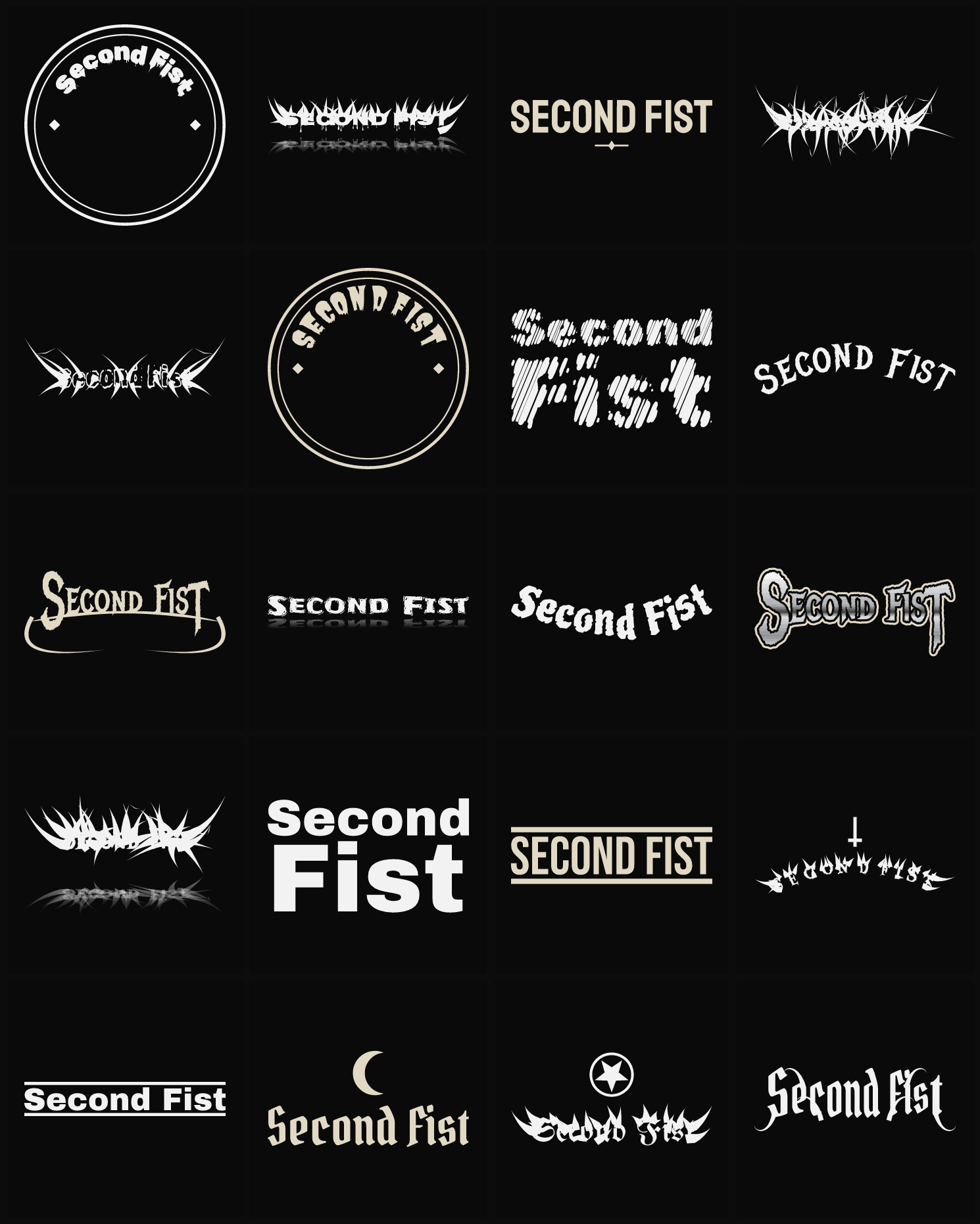 Twenty Second Fist band logo ideas — different faces, treatments and spike settings