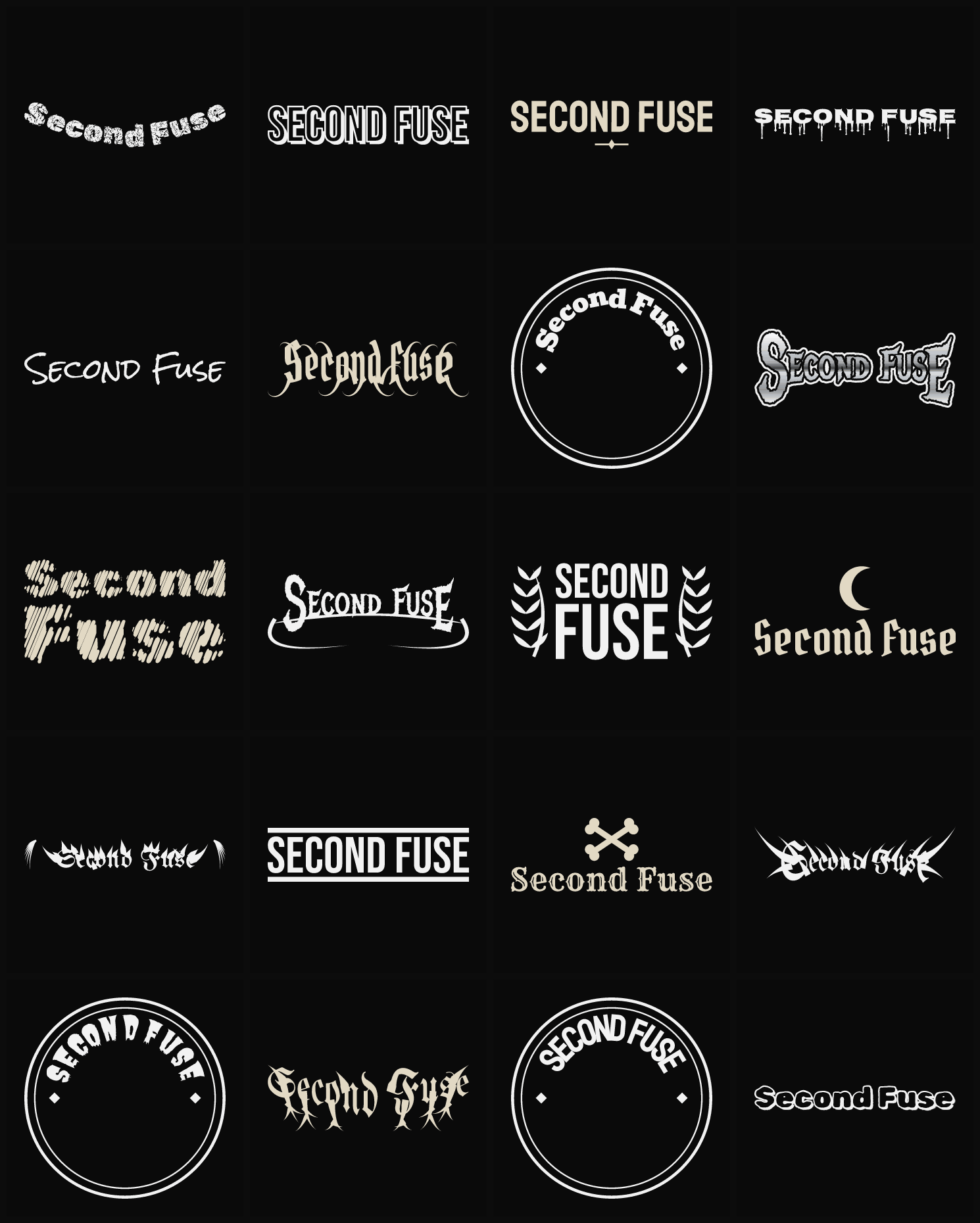 Twenty Second Fuse band logo ideas — different faces, treatments and spike settings