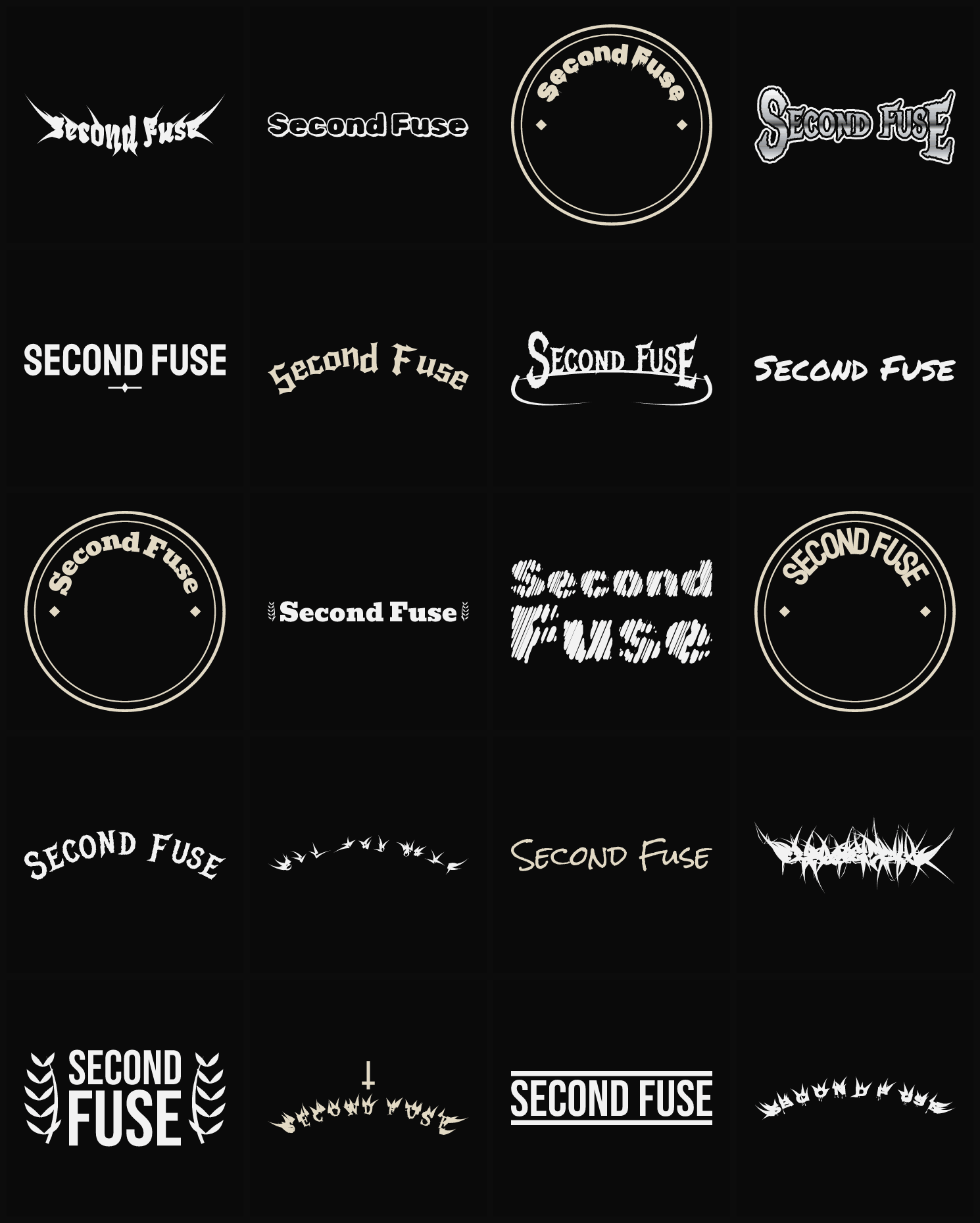 Twenty Second Fuse band logo ideas — different faces, treatments and spike settings