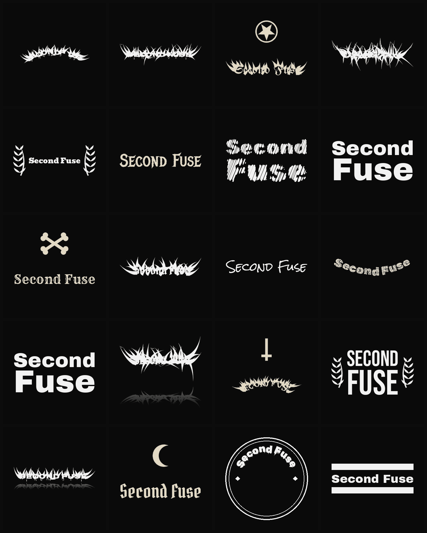 Twenty Second Fuse band logo ideas — different faces, treatments and spike settings