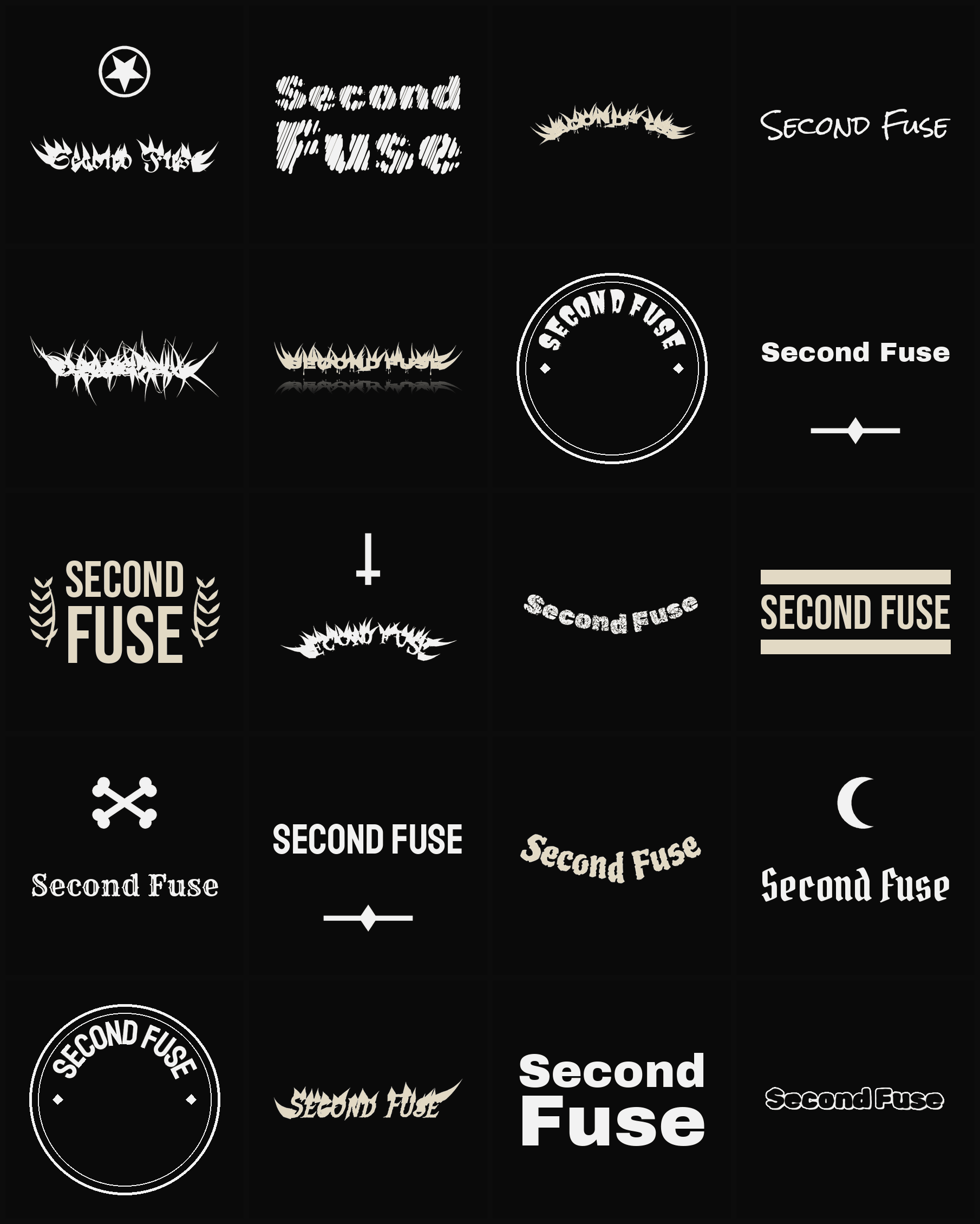 Twenty Second Fuse band logo ideas — different faces, treatments and spike settings