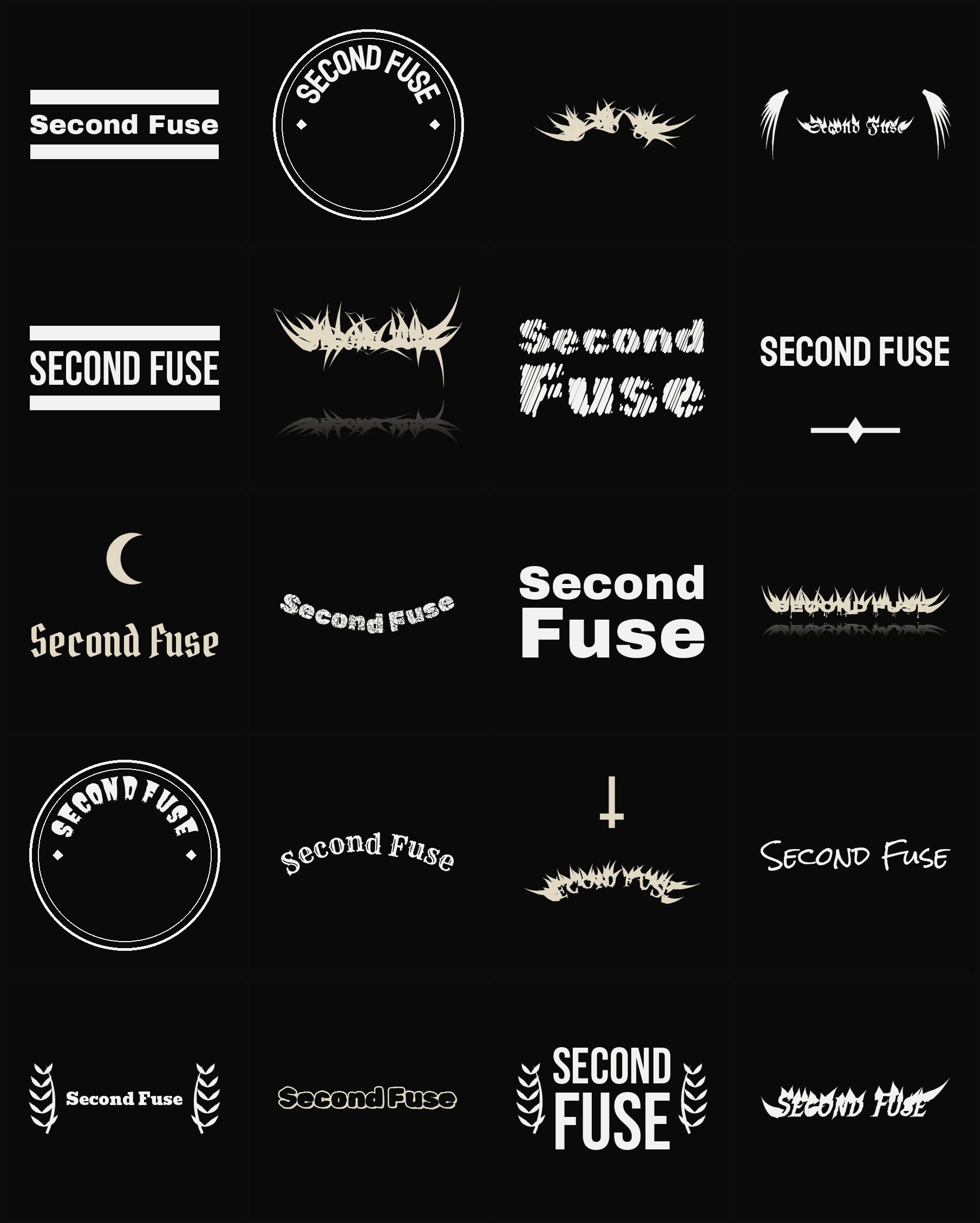 Twenty Second Fuse band logo ideas — different faces, treatments and spike settings
