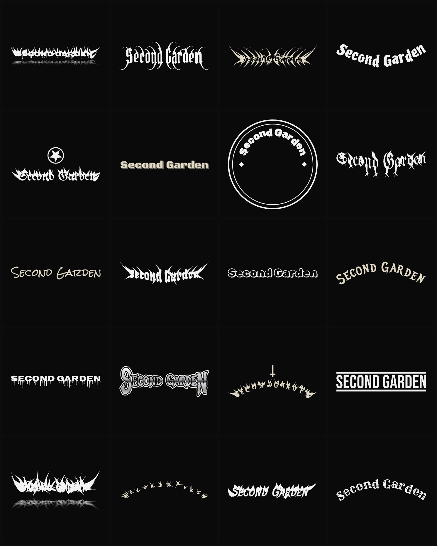 Twenty Second Garden band logo ideas — different faces, treatments and spike settings