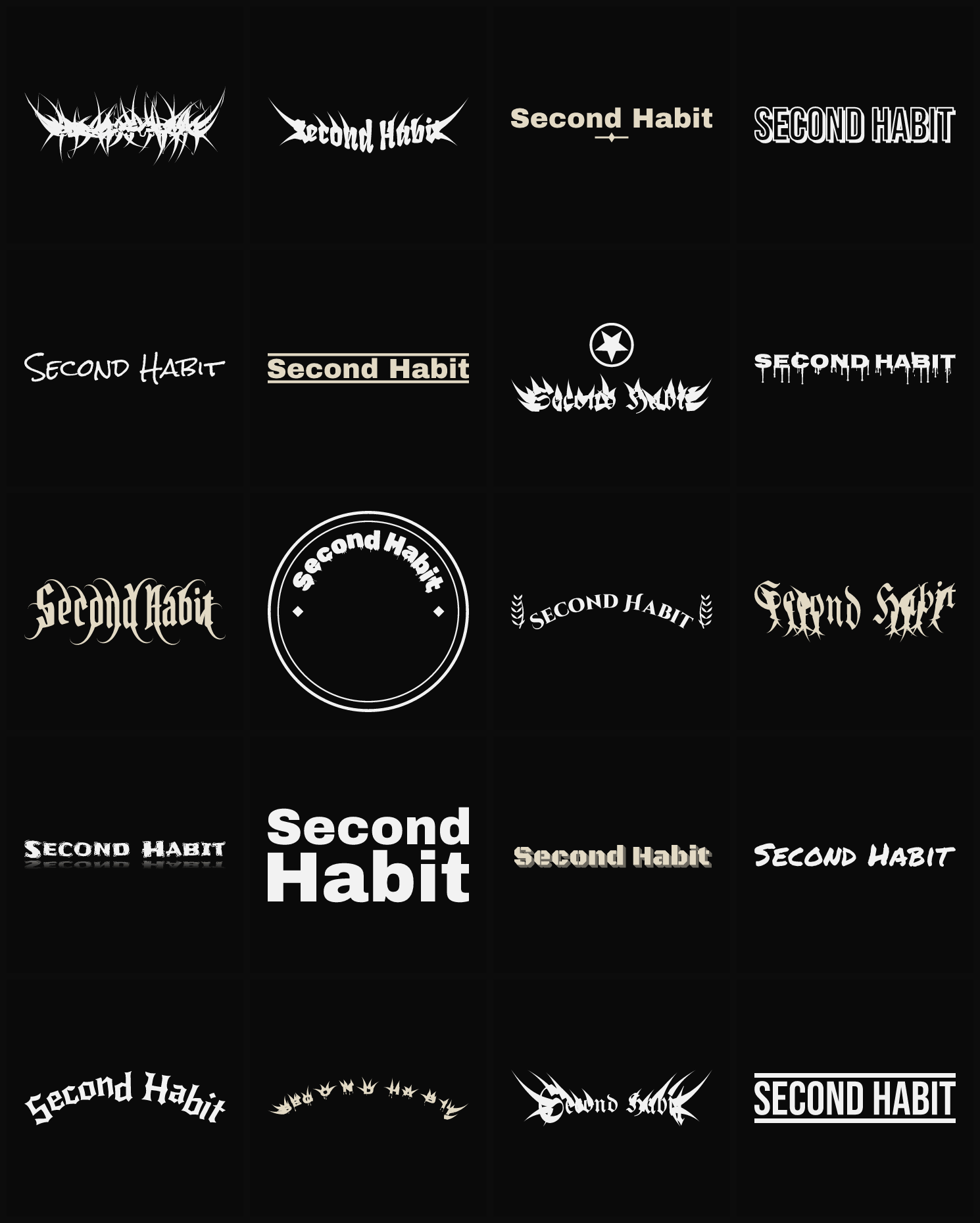 Twenty Second Habit band logo ideas — different faces, treatments and spike settings