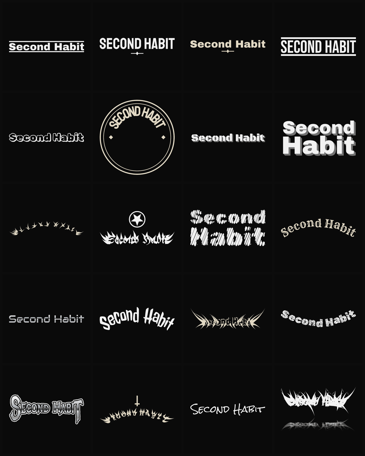 Twenty Second Habit band logo ideas — different faces, treatments and spike settings