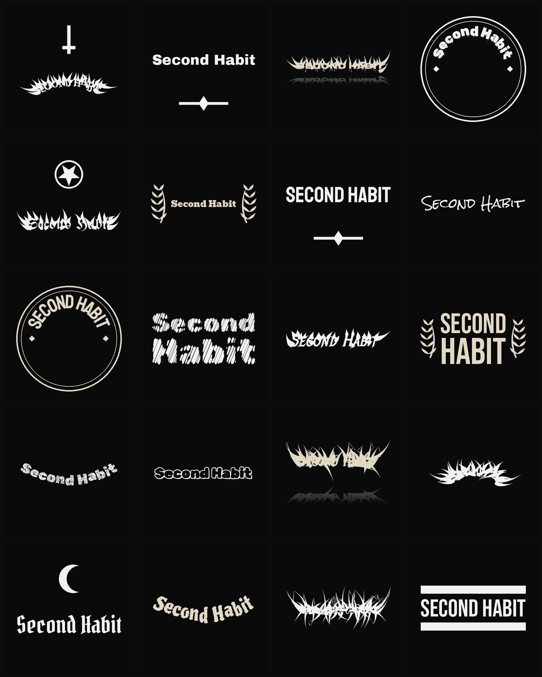 Twenty Second Habit band logo ideas — different faces, treatments and spike settings