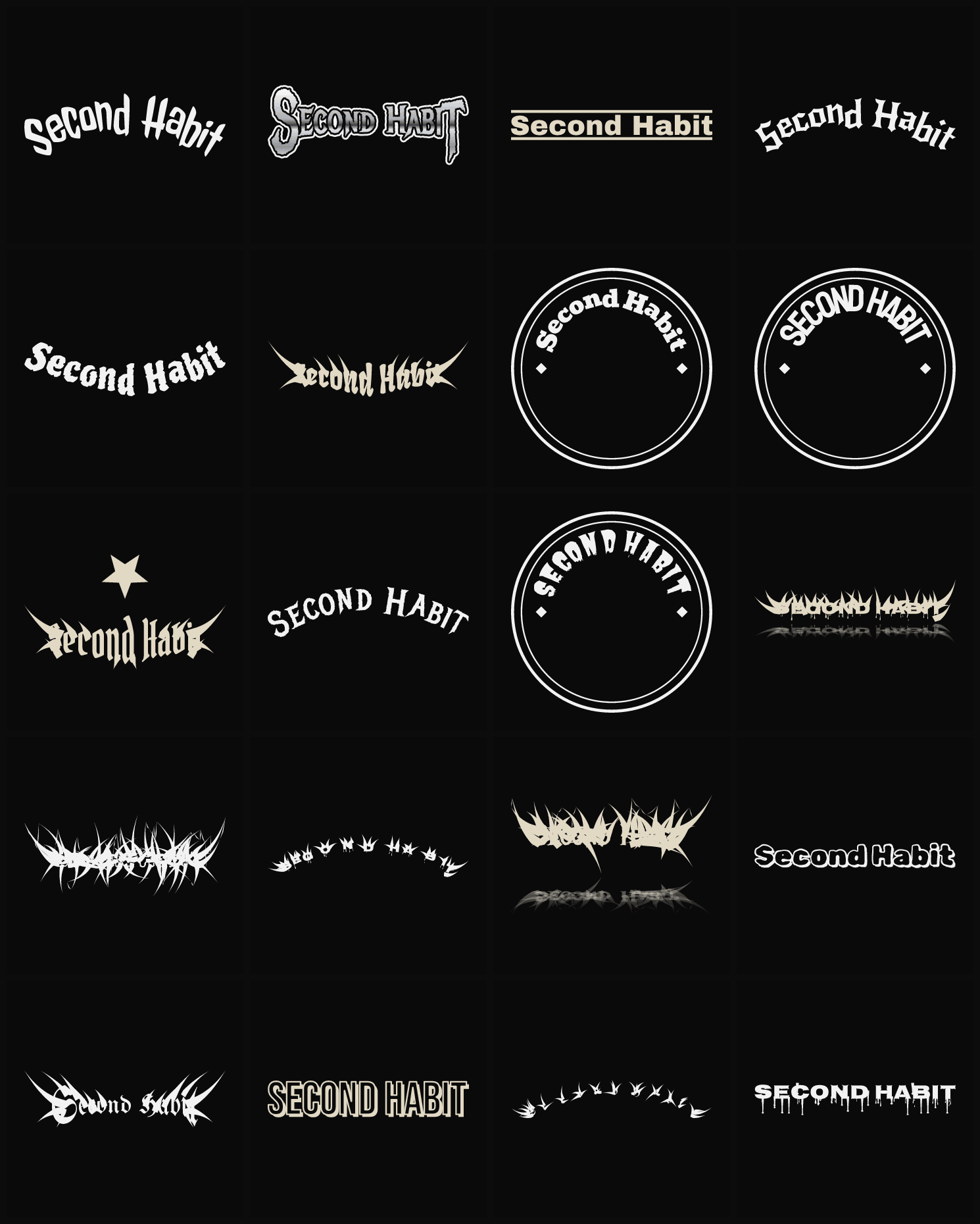 Twenty Second Habit band logo ideas — different faces, treatments and spike settings