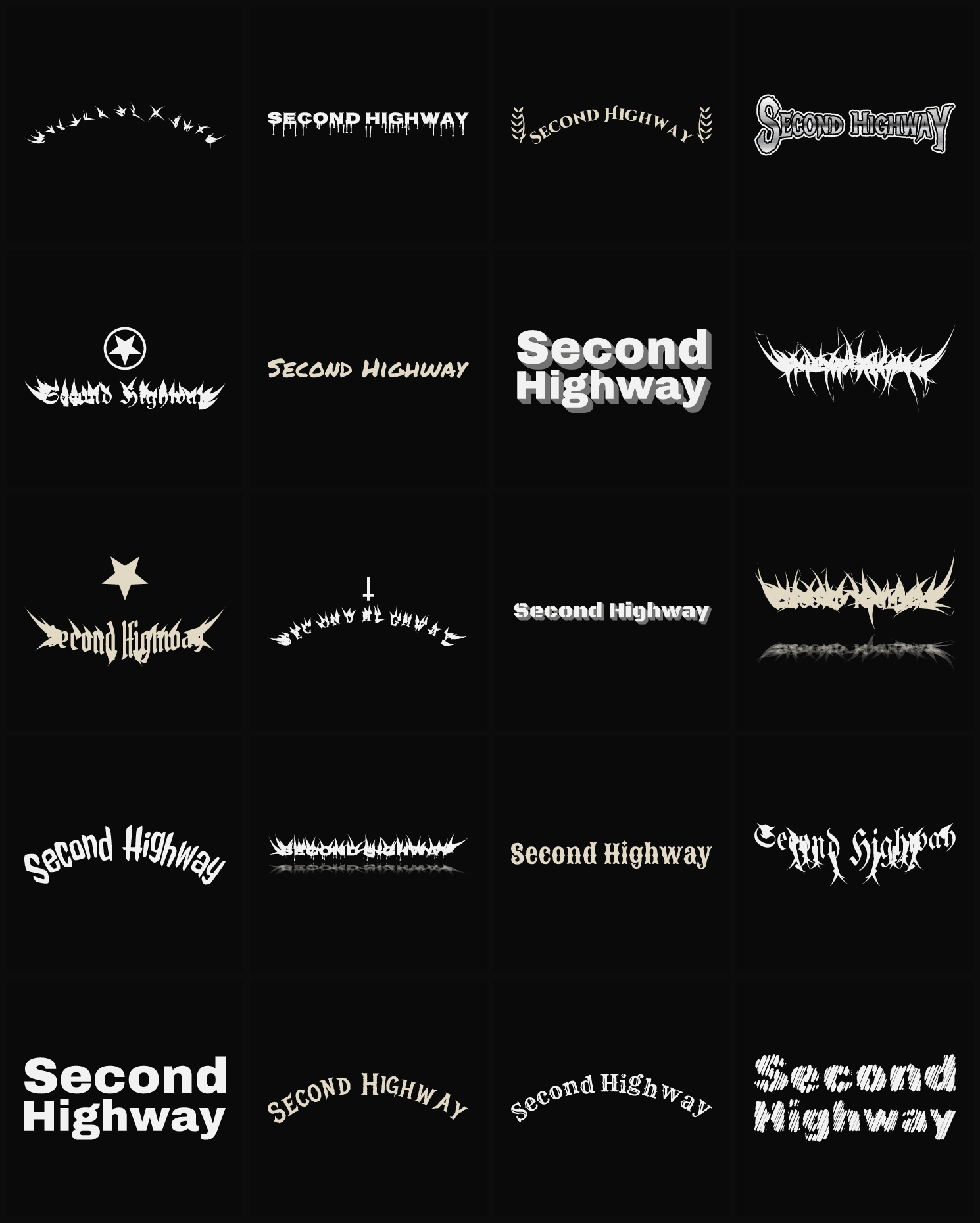 Twenty Second Highway band logo ideas — different faces, treatments and spike settings