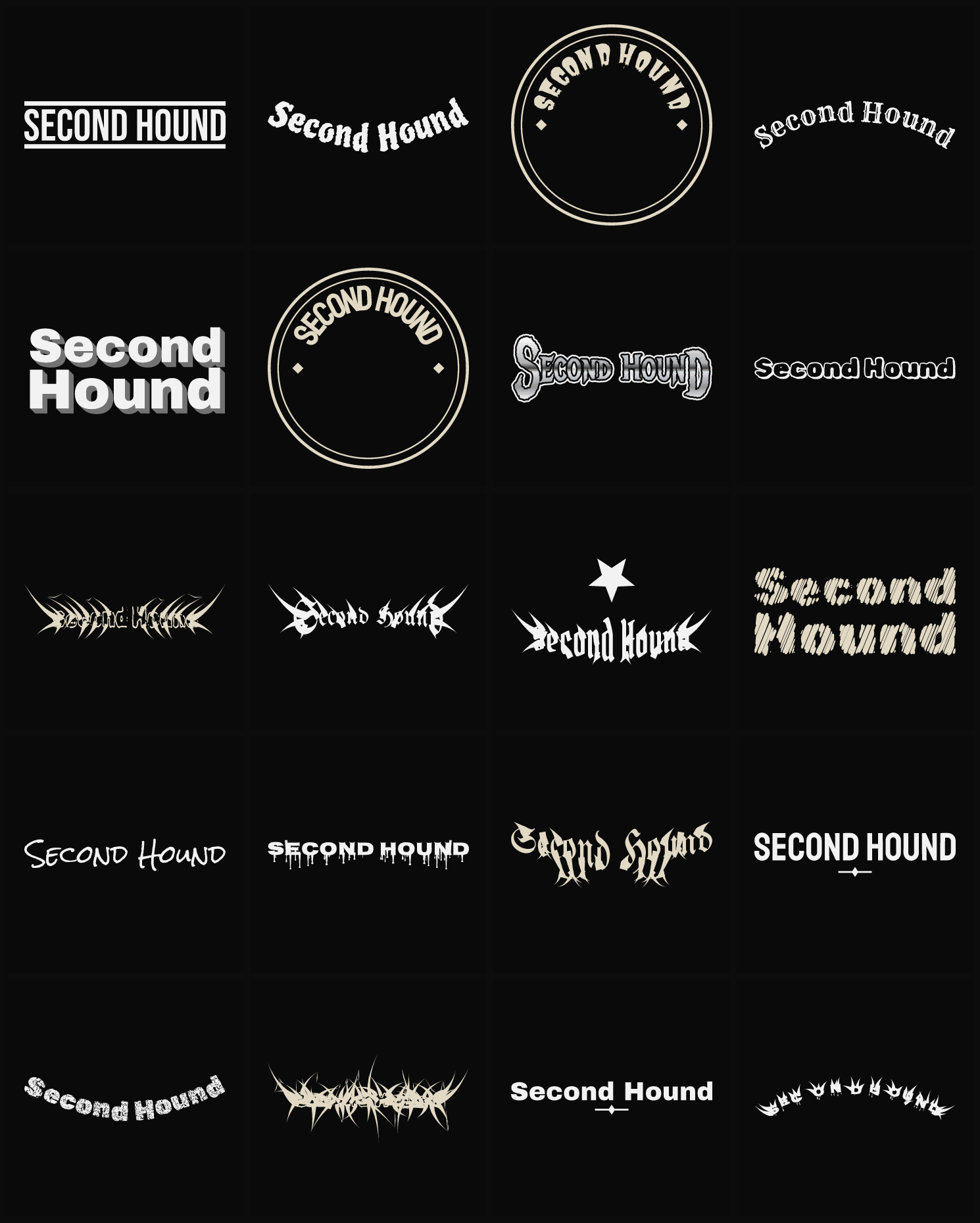 Twenty Second Hound band logo ideas — different faces, treatments and spike settings
