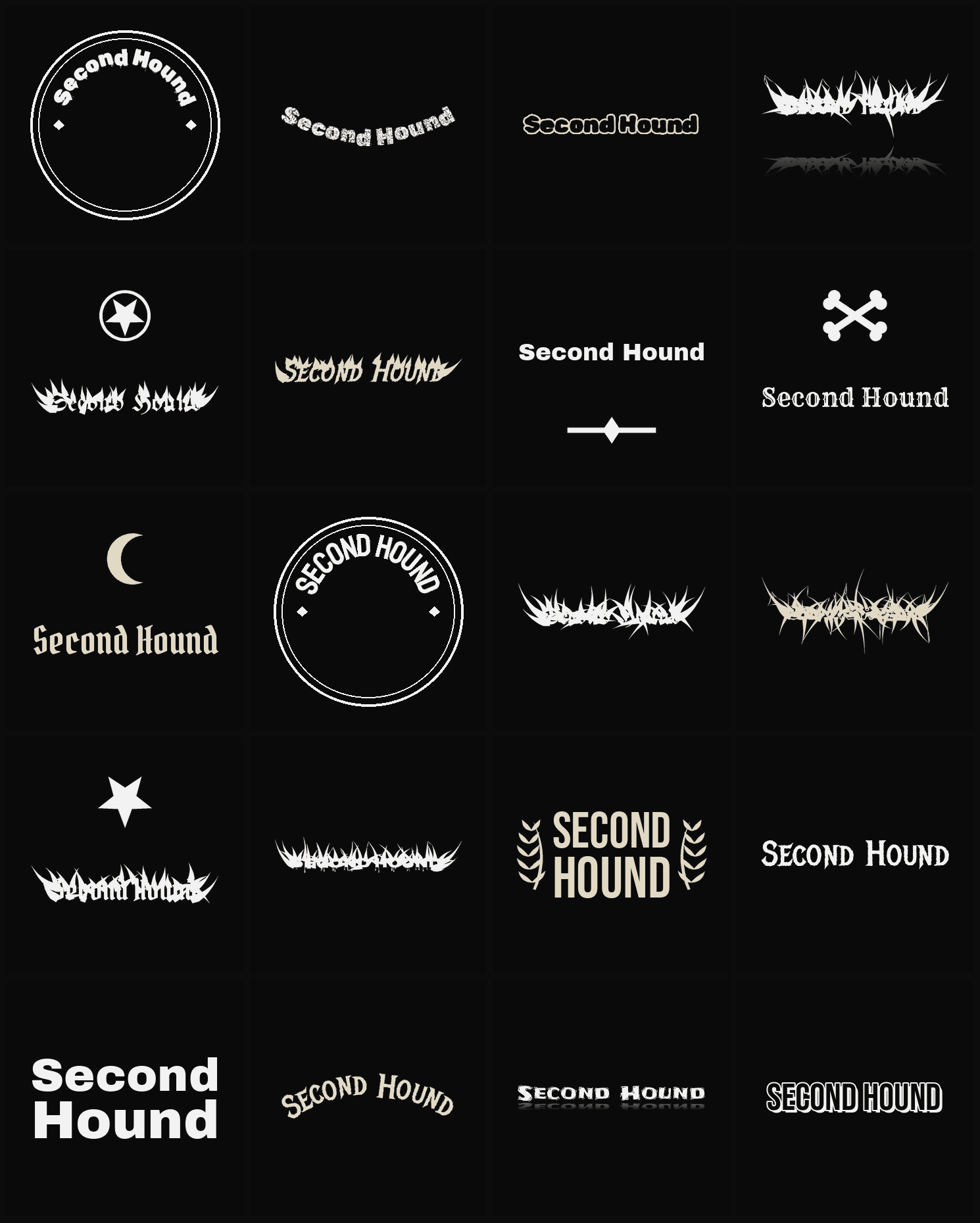 Twenty Second Hound band logo ideas — different faces, treatments and spike settings