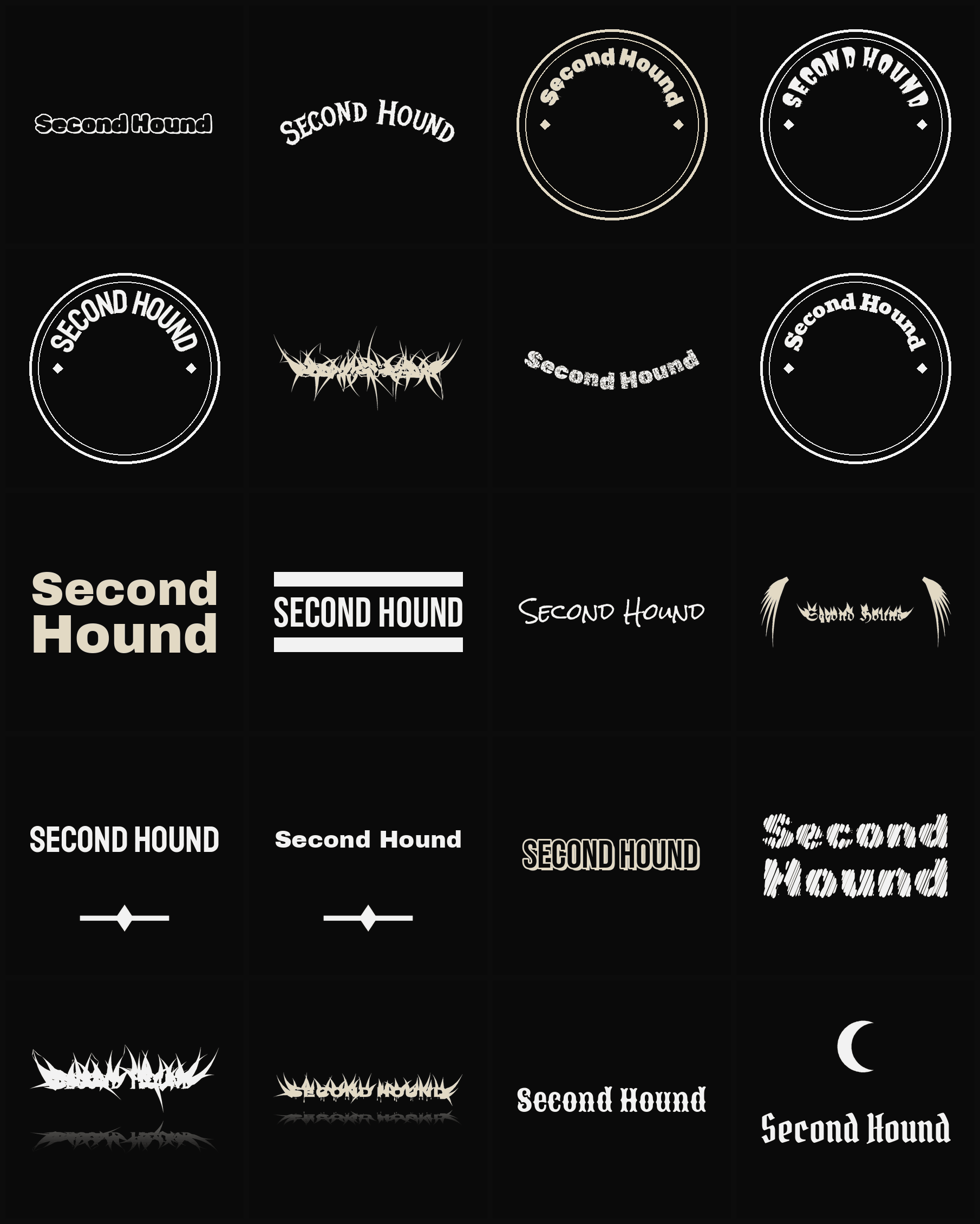 Twenty Second Hound band logo ideas — different faces, treatments and spike settings