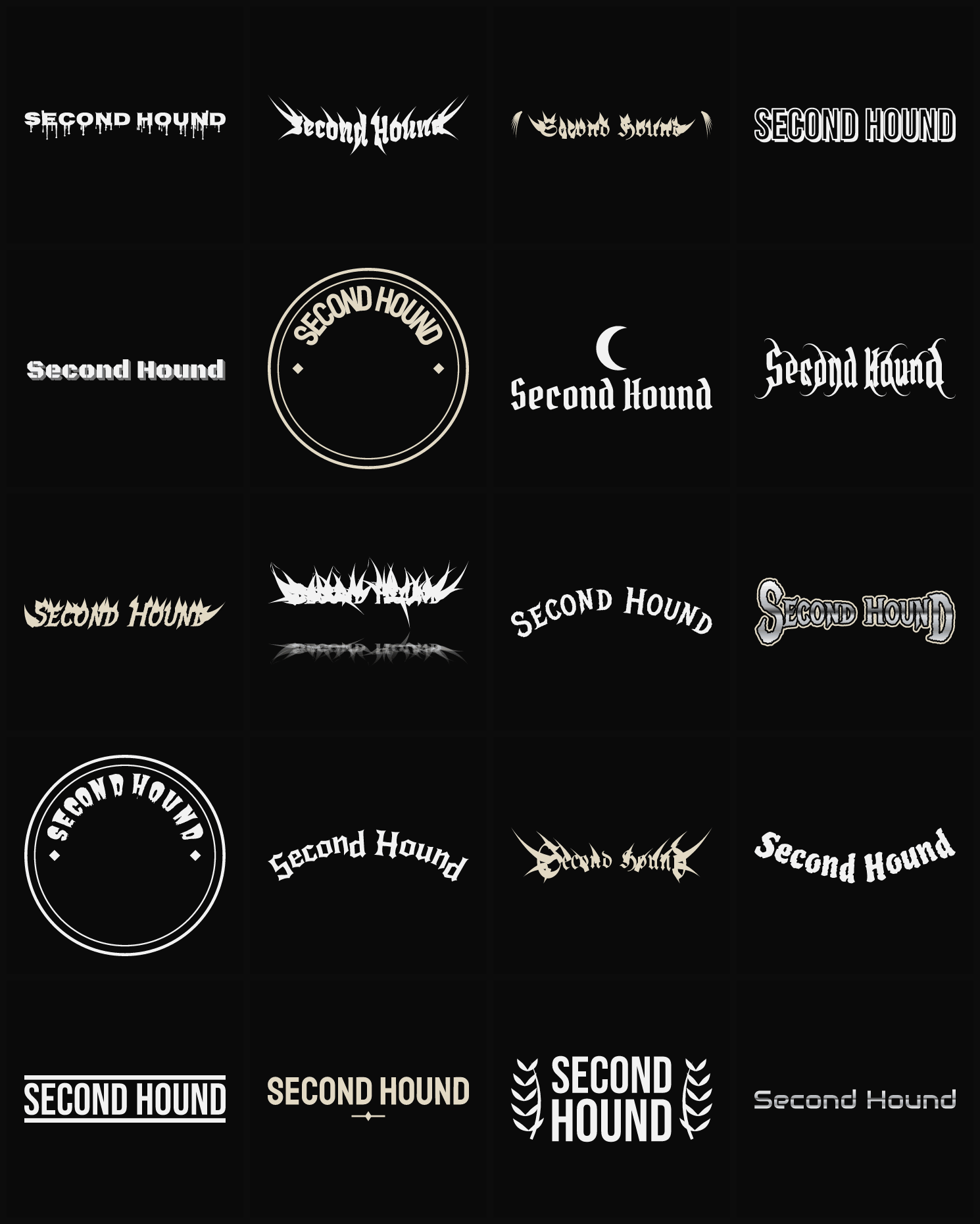 Twenty Second Hound band logo ideas — different faces, treatments and spike settings