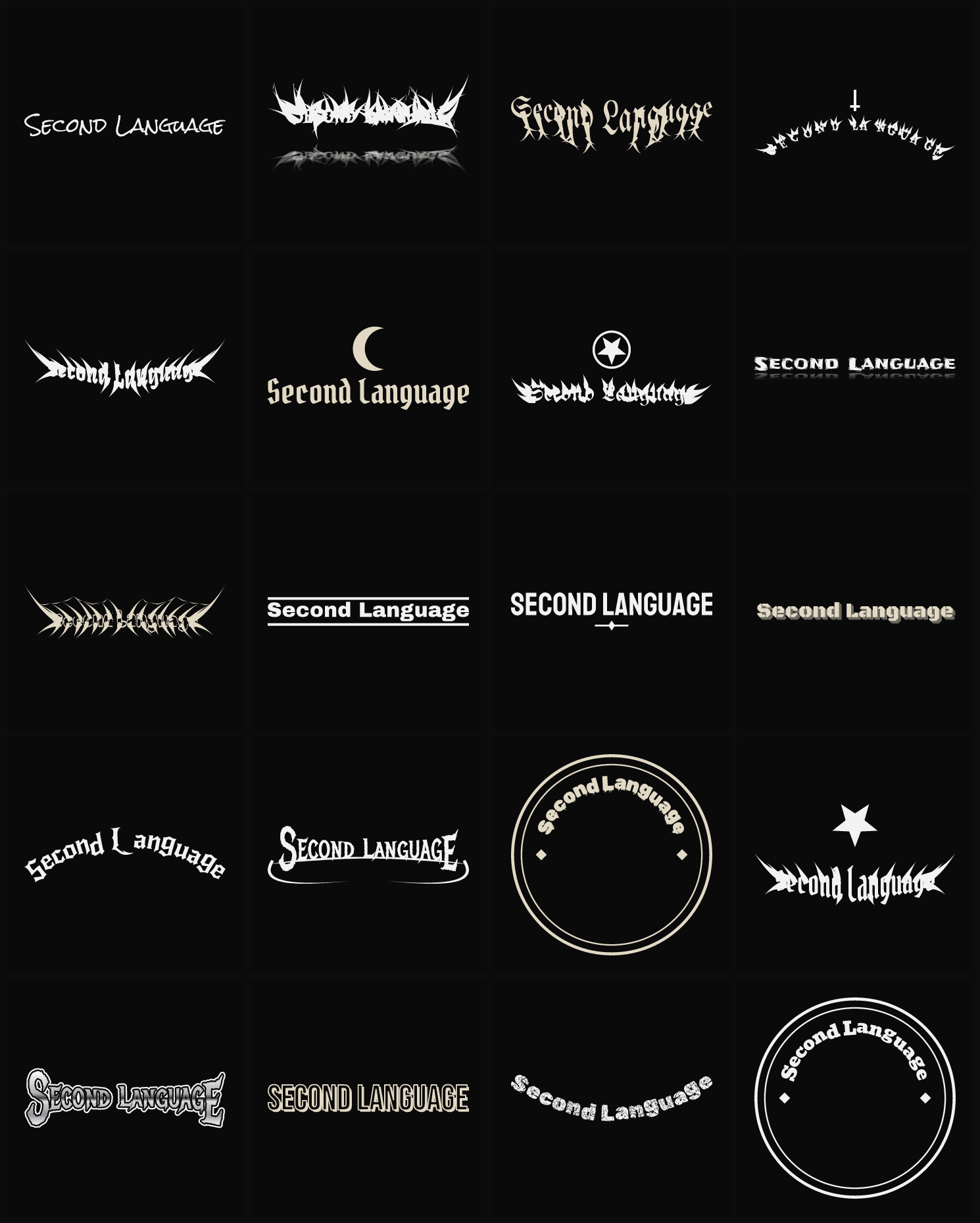 Twenty Second Language band logo ideas — different faces, treatments and spike settings