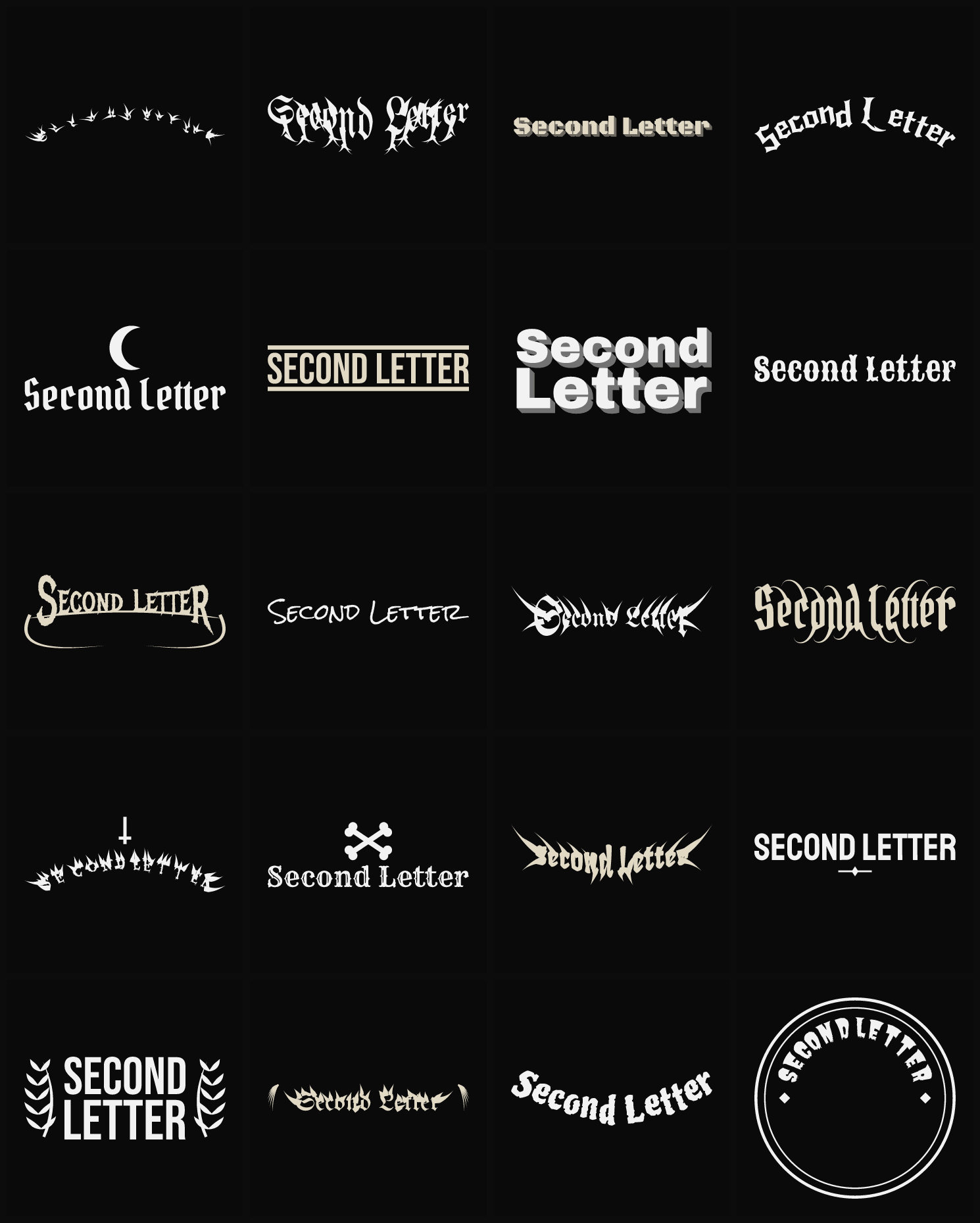 Twenty Second Letter band logo ideas — different faces, treatments and spike settings
