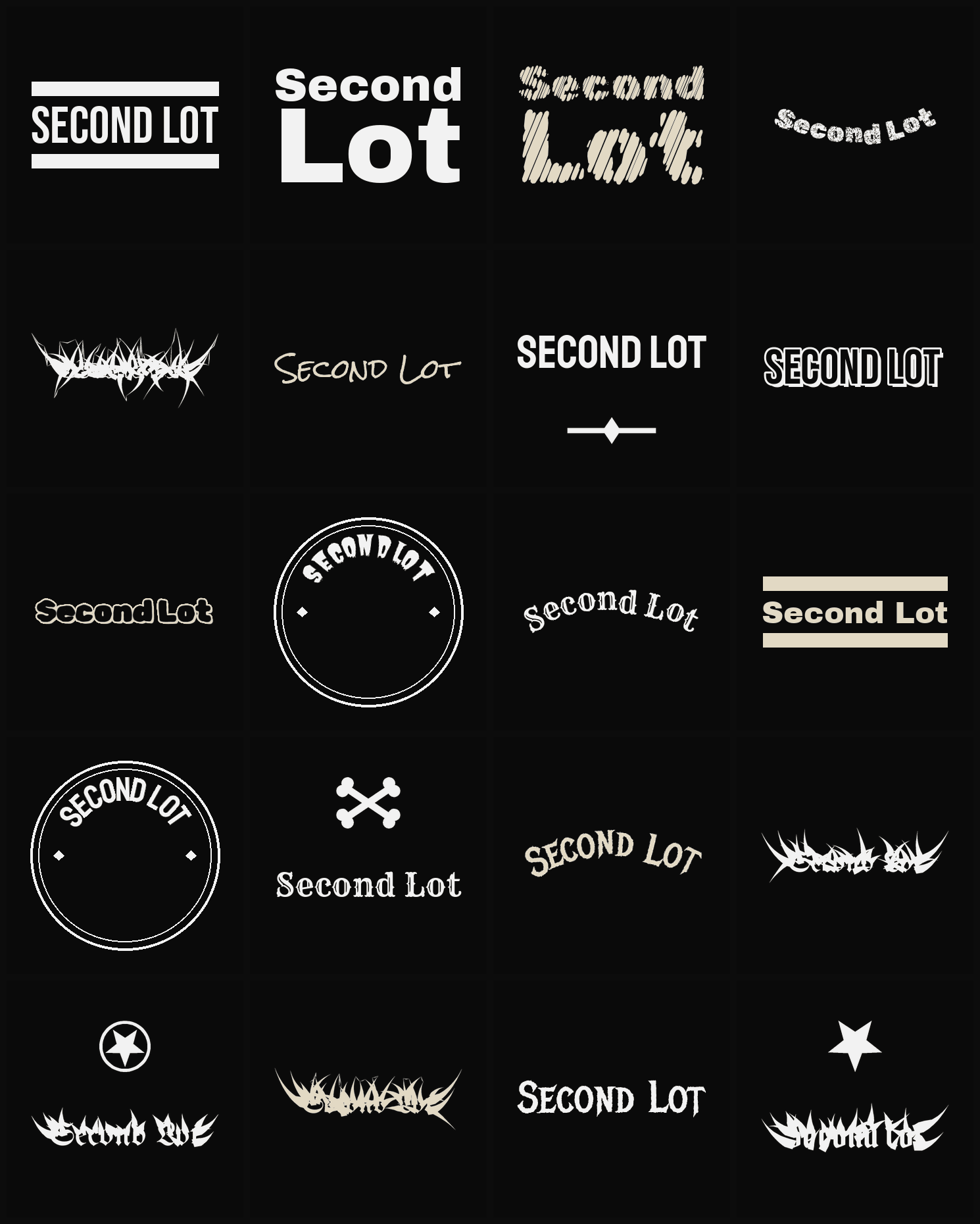 Twenty Second Lot band logo ideas — different faces, treatments and spike settings