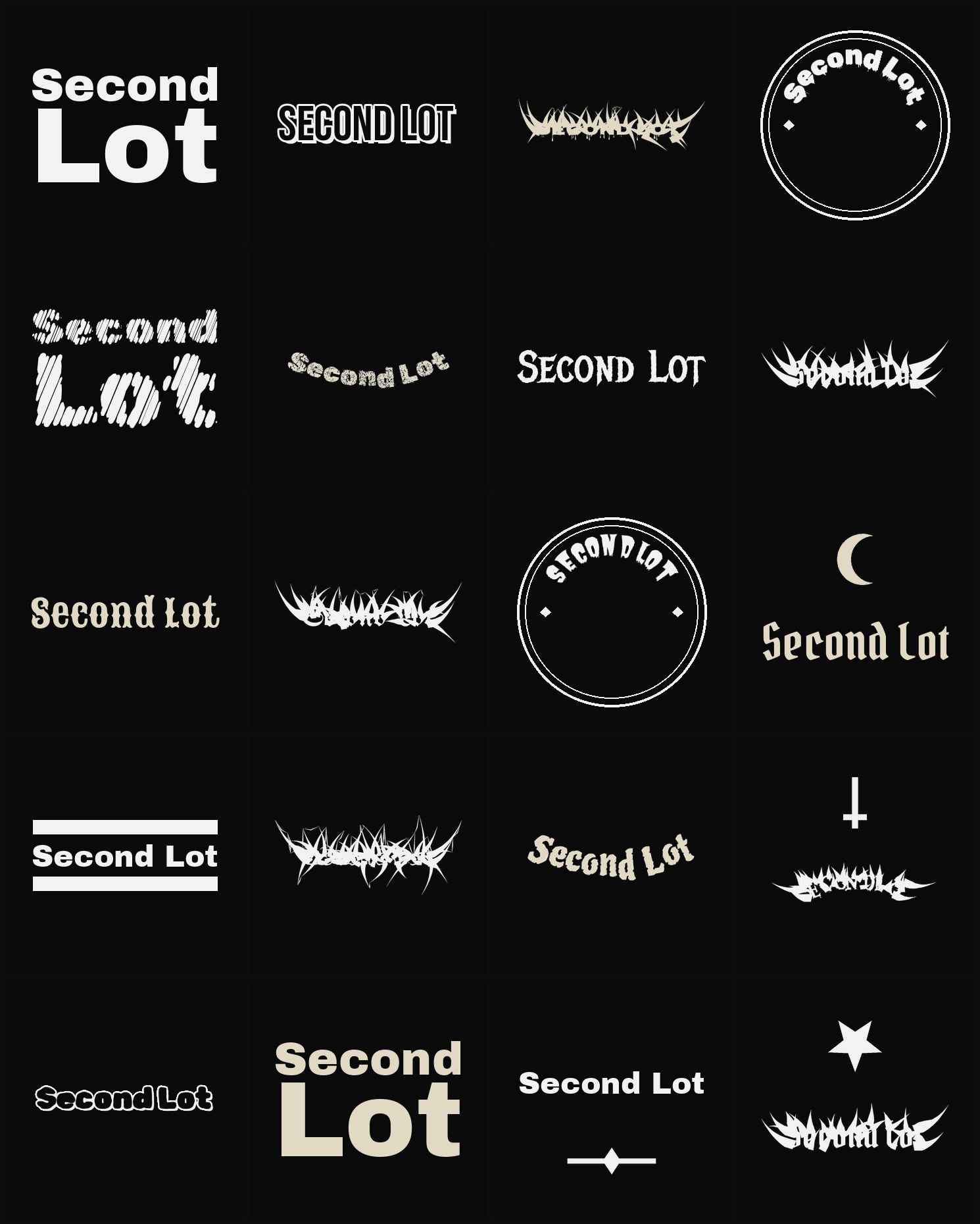 Twenty Second Lot band logo ideas — different faces, treatments and spike settings