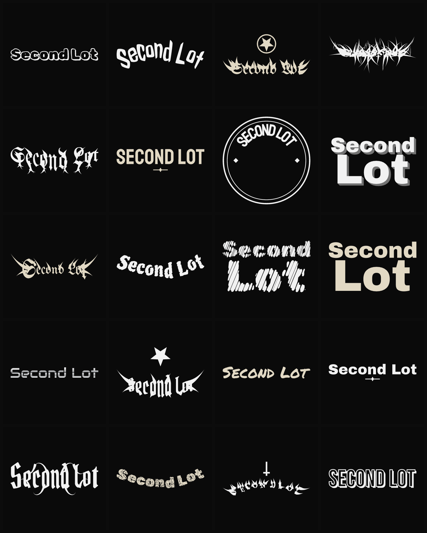 Twenty Second Lot band logo ideas — different faces, treatments and spike settings
