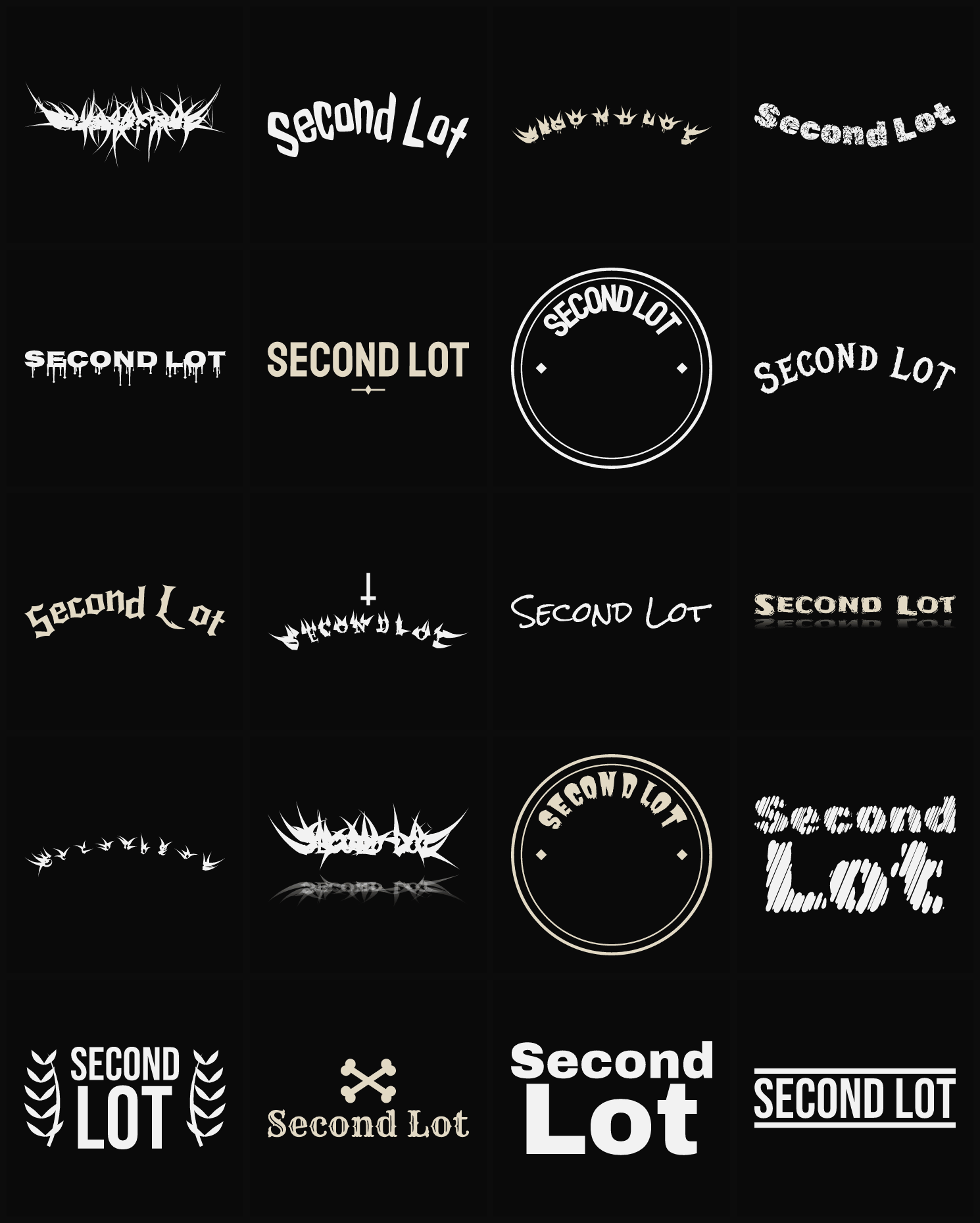Twenty Second Lot band logo ideas — different faces, treatments and spike settings