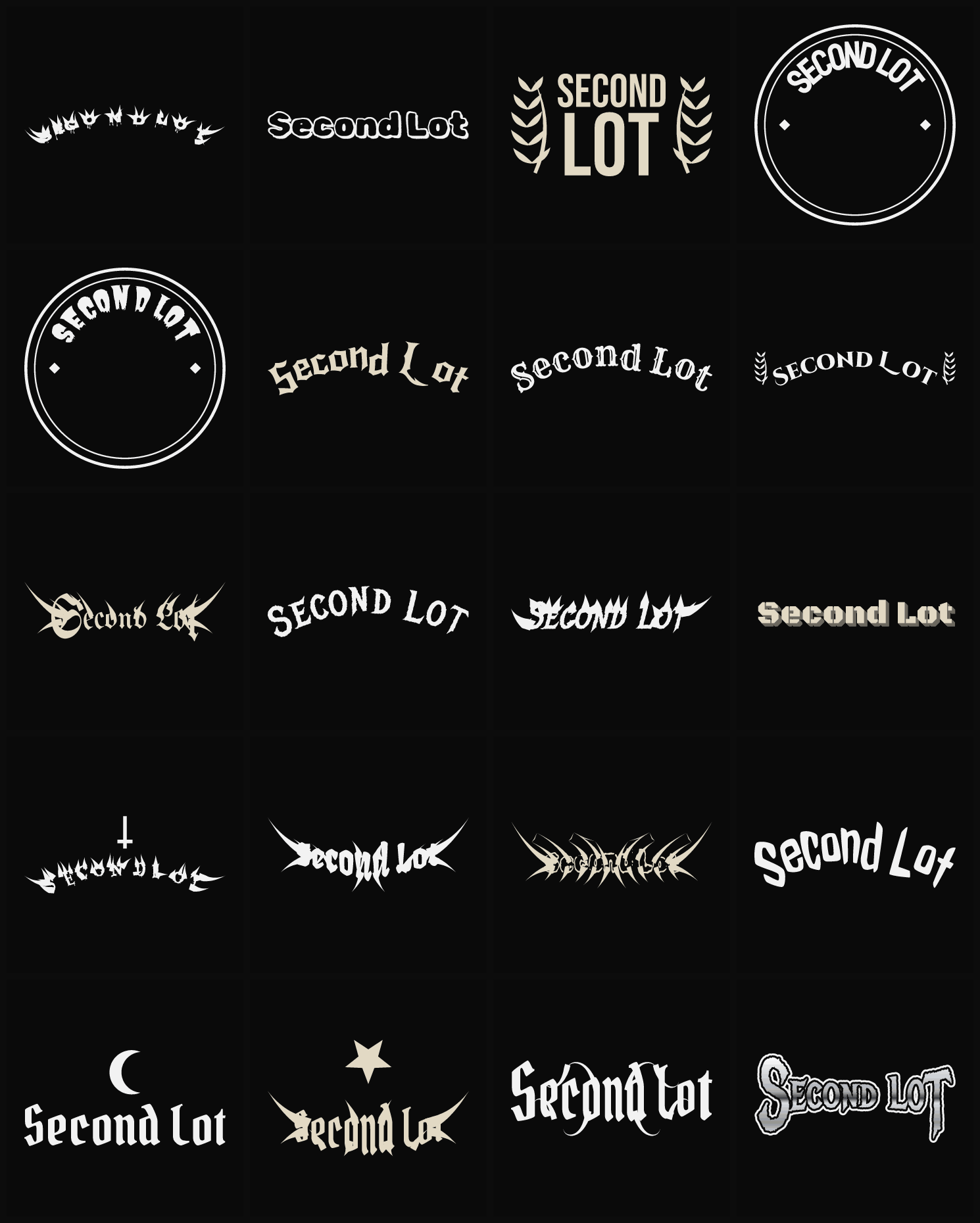 Twenty Second Lot band logo ideas — different faces, treatments and spike settings