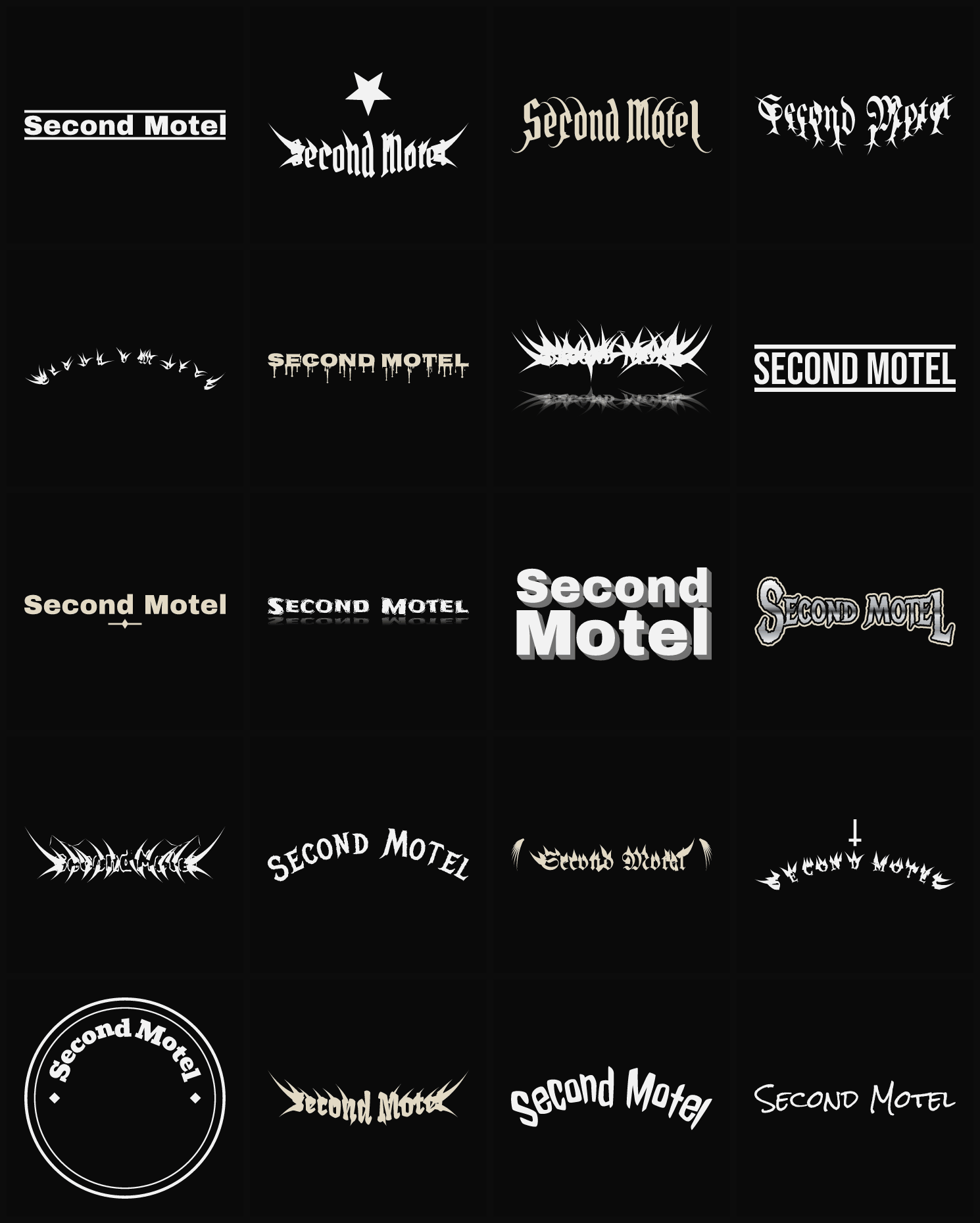 Twenty Second Motel band logo ideas — different faces, treatments and spike settings