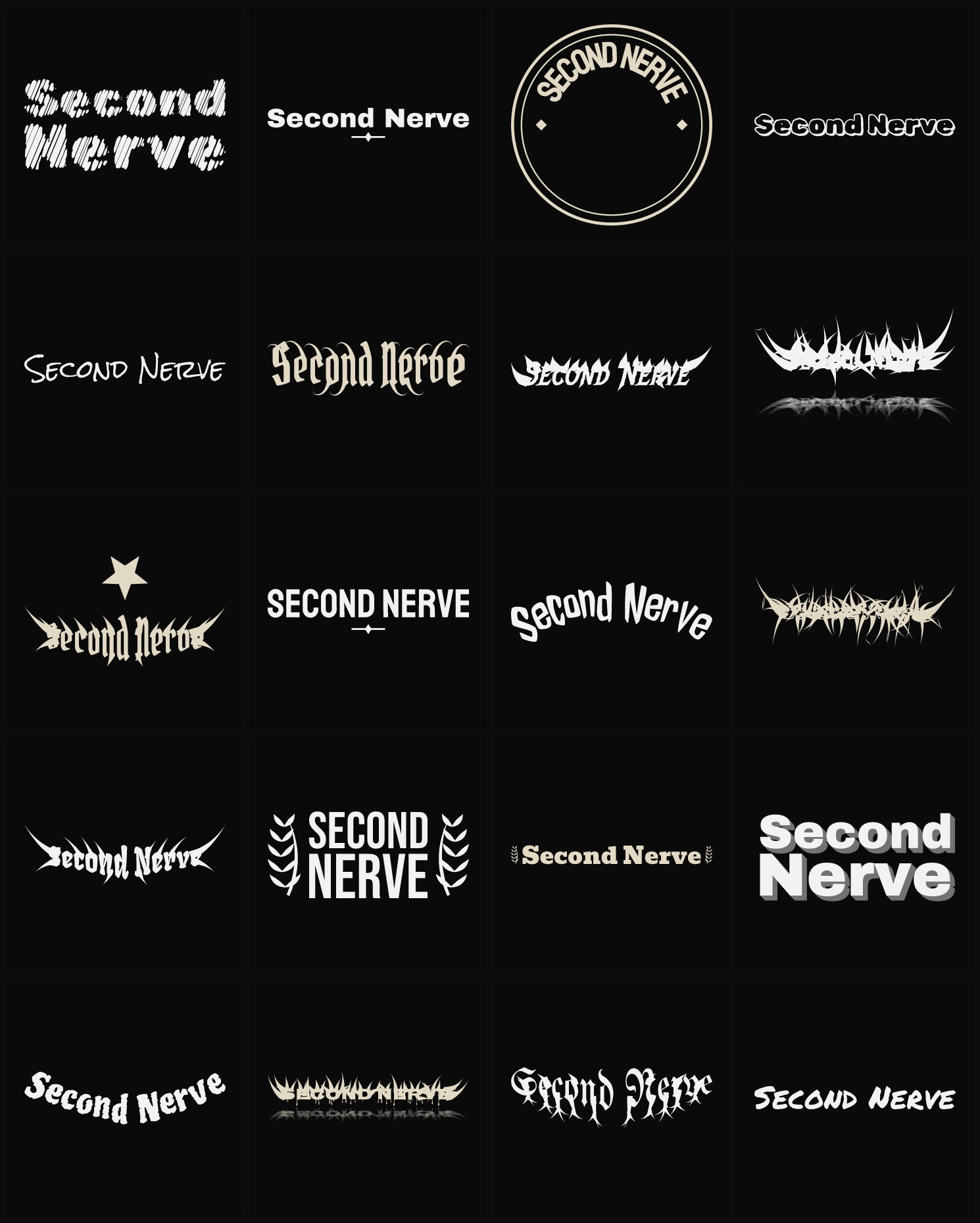 Twenty Second Nerve band logo ideas — different faces, treatments and spike settings