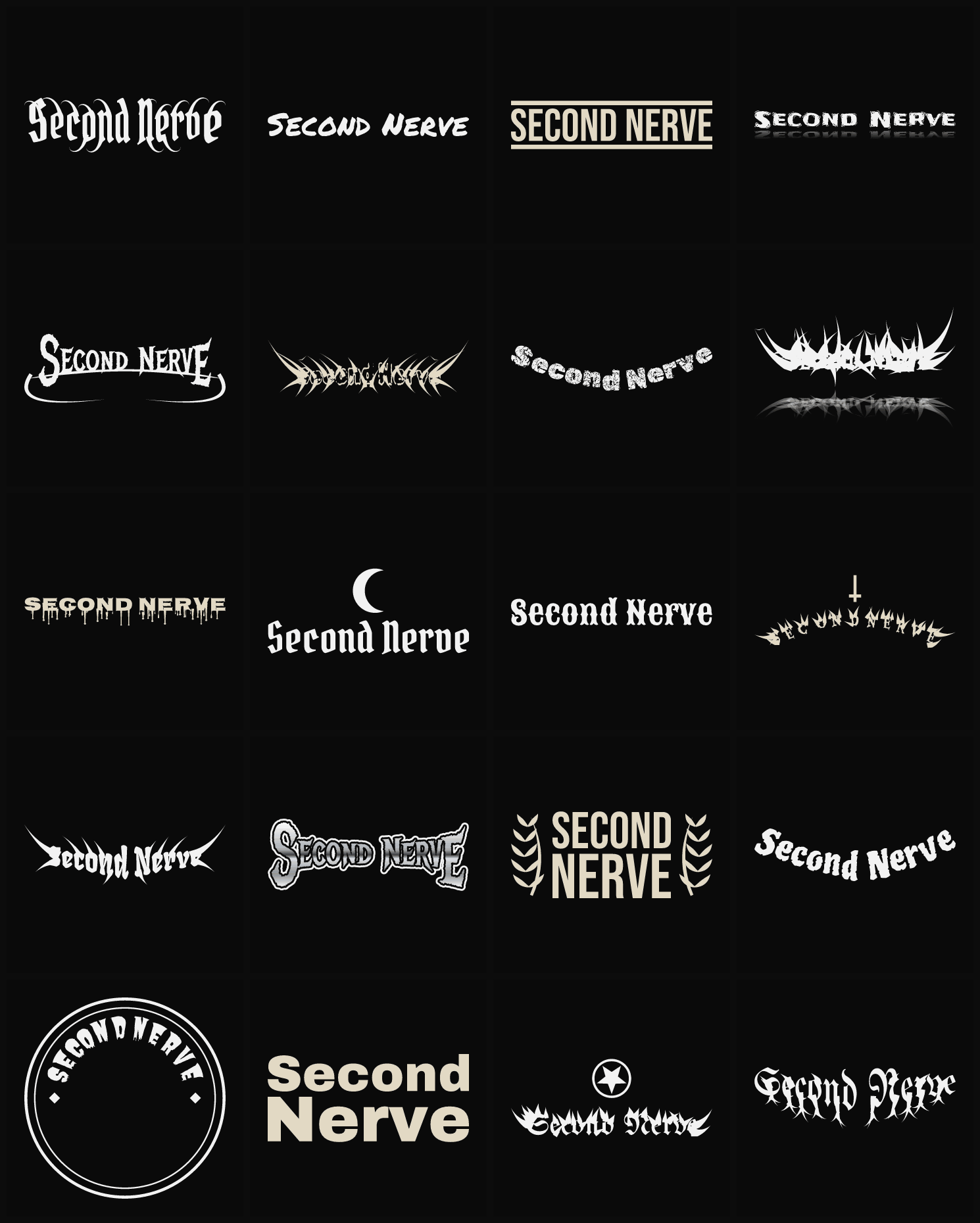 Twenty Second Nerve band logo ideas — different faces, treatments and spike settings
