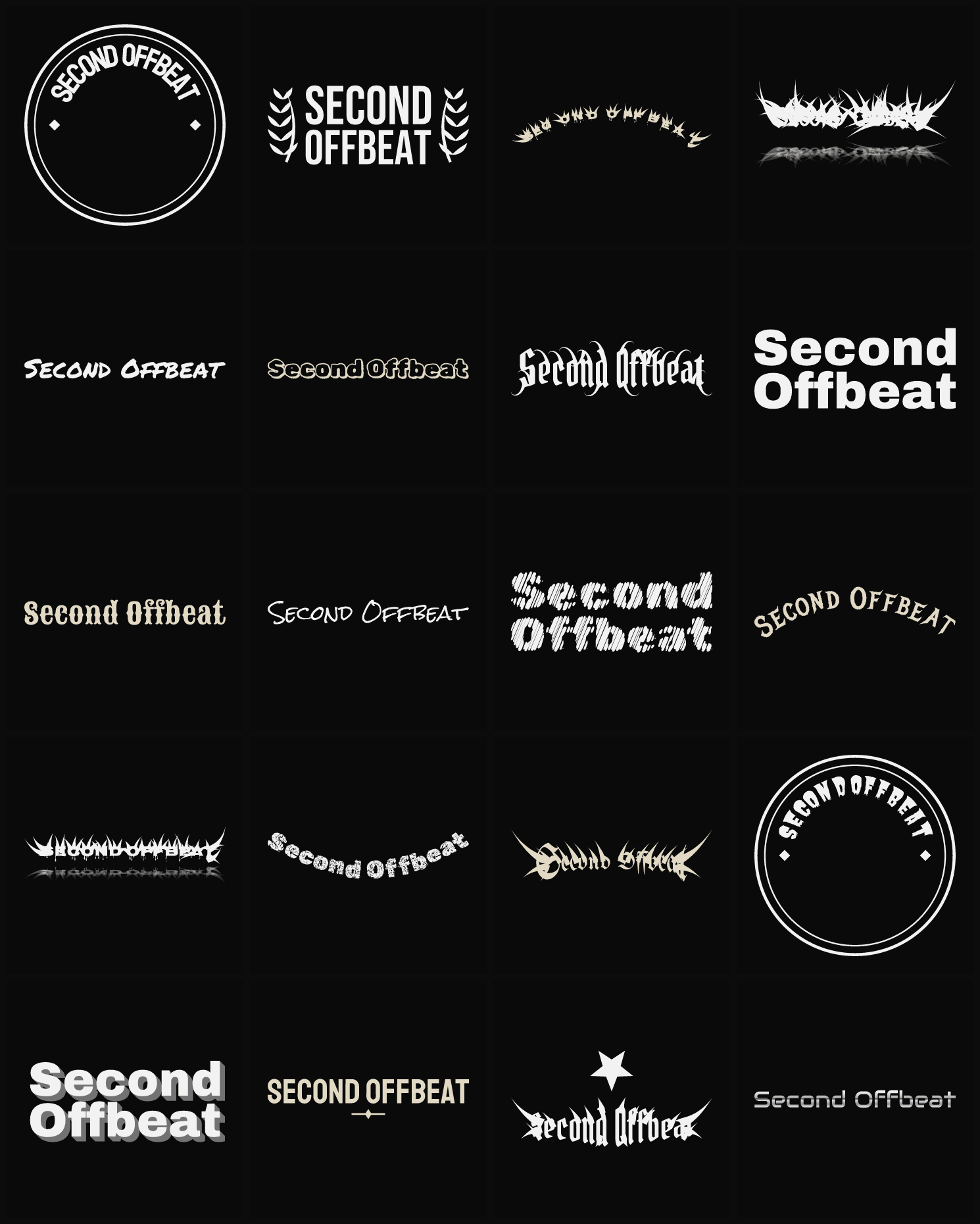 Twenty Second Offbeat band logo ideas — different faces, treatments and spike settings