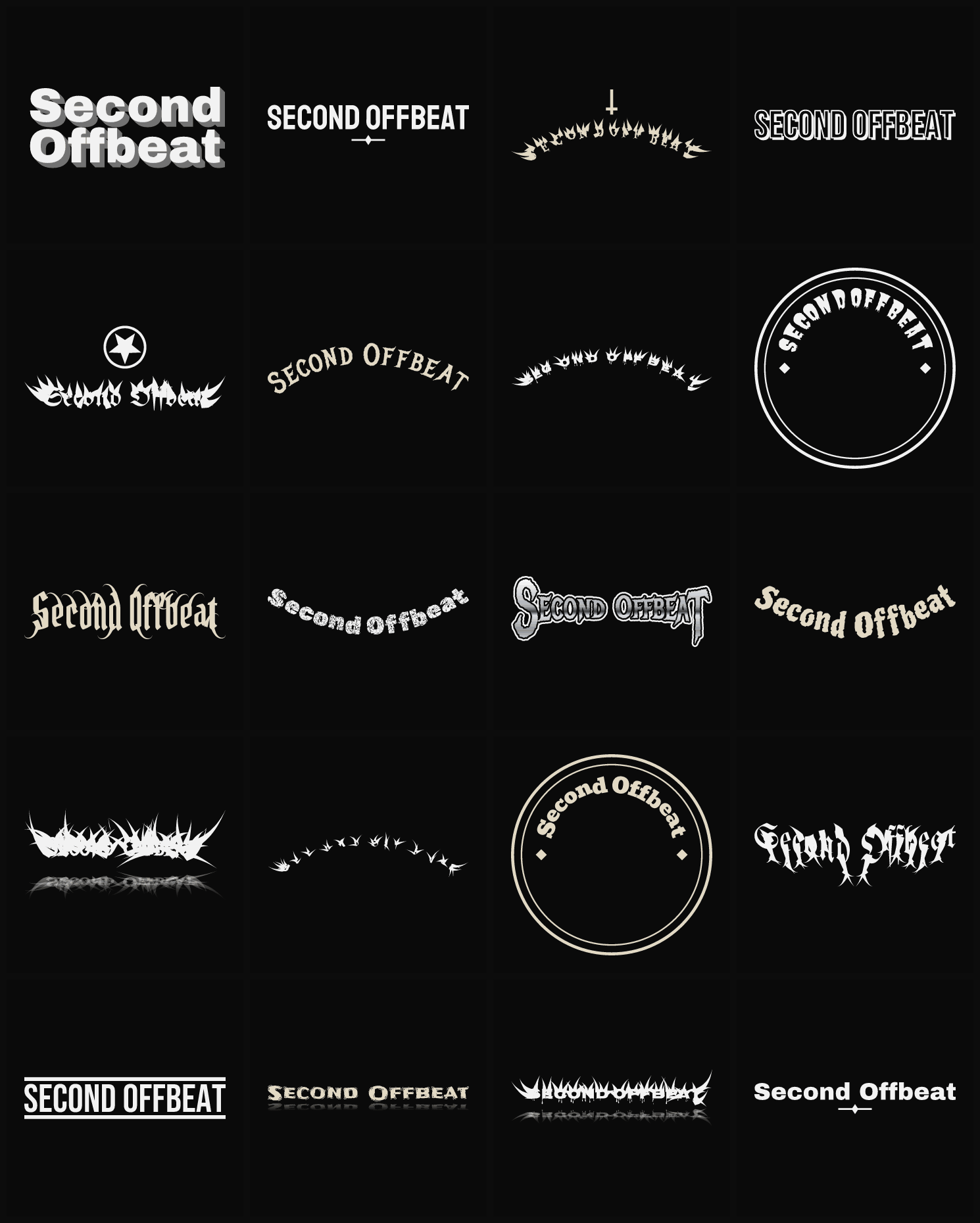 Twenty Second Offbeat band logo ideas — different faces, treatments and spike settings