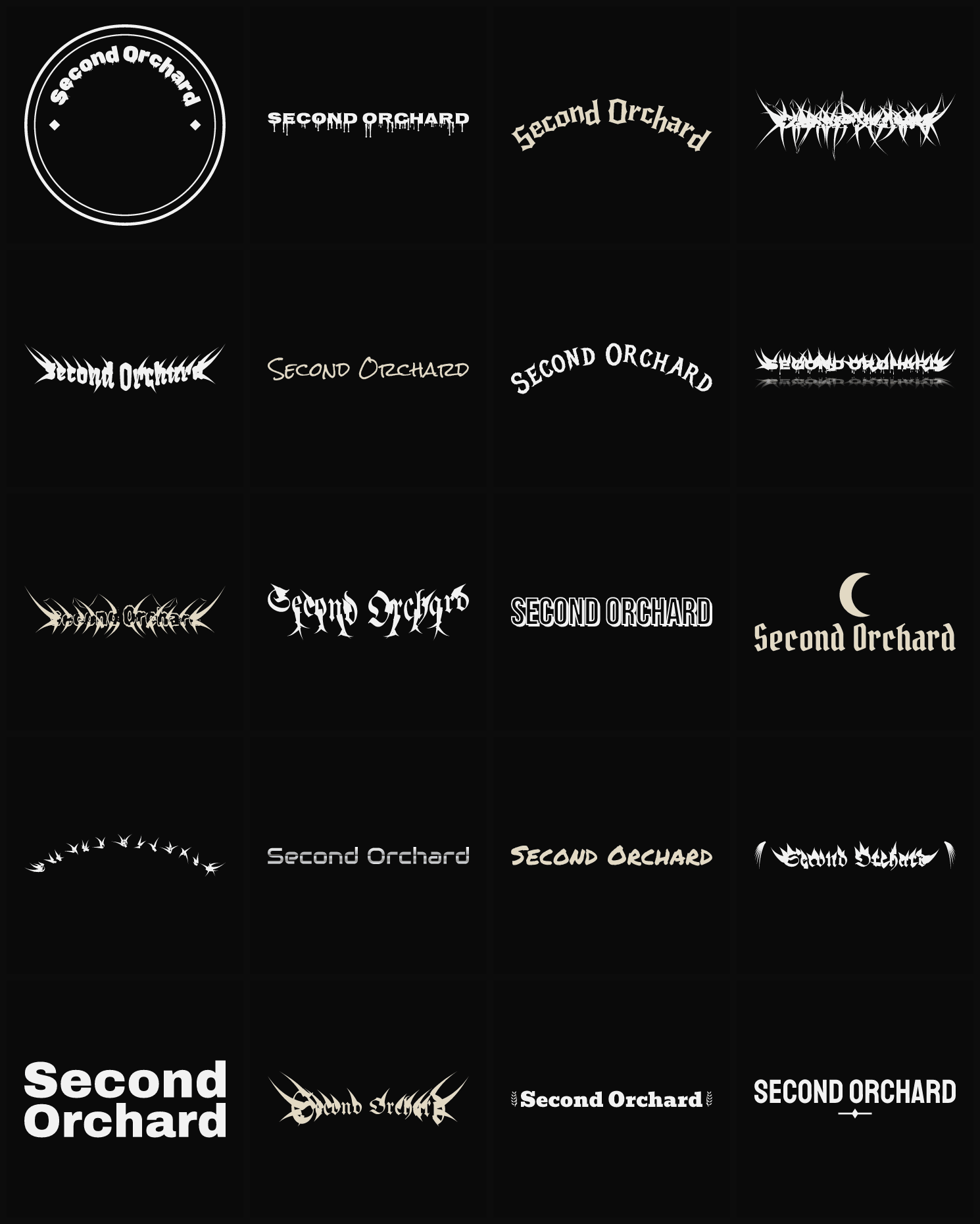 Twenty Second Orchard band logo ideas — different faces, treatments and spike settings