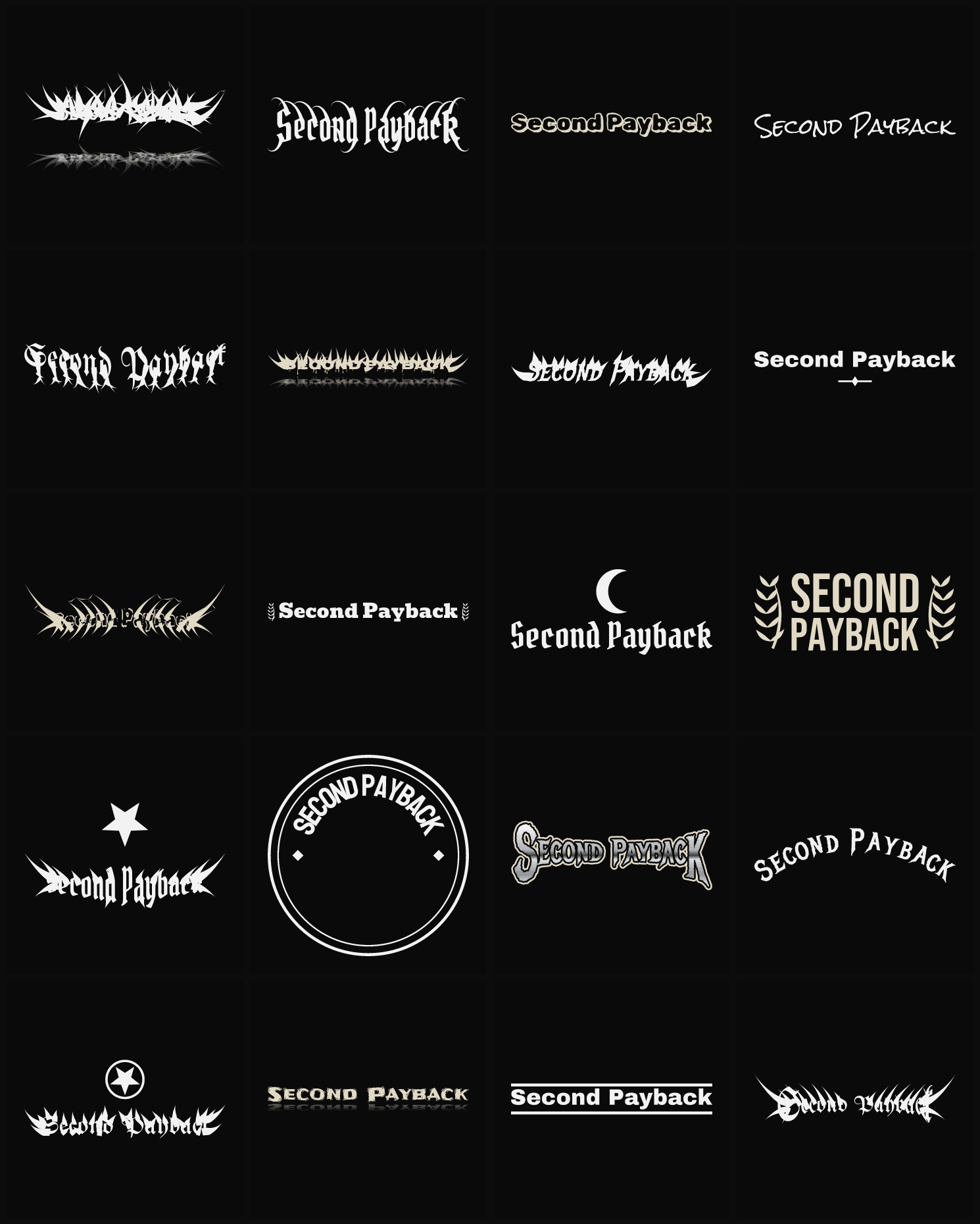 Twenty Second Payback band logo ideas — different faces, treatments and spike settings
