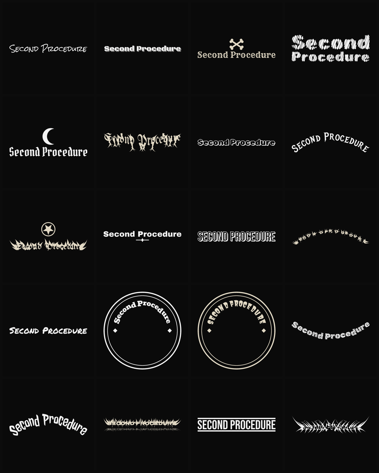 Twenty Second Procedure band logo ideas — different faces, treatments and spike settings