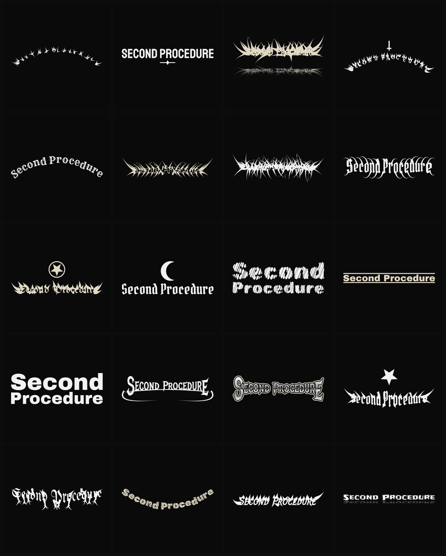 Twenty Second Procedure band logo ideas — different faces, treatments and spike settings