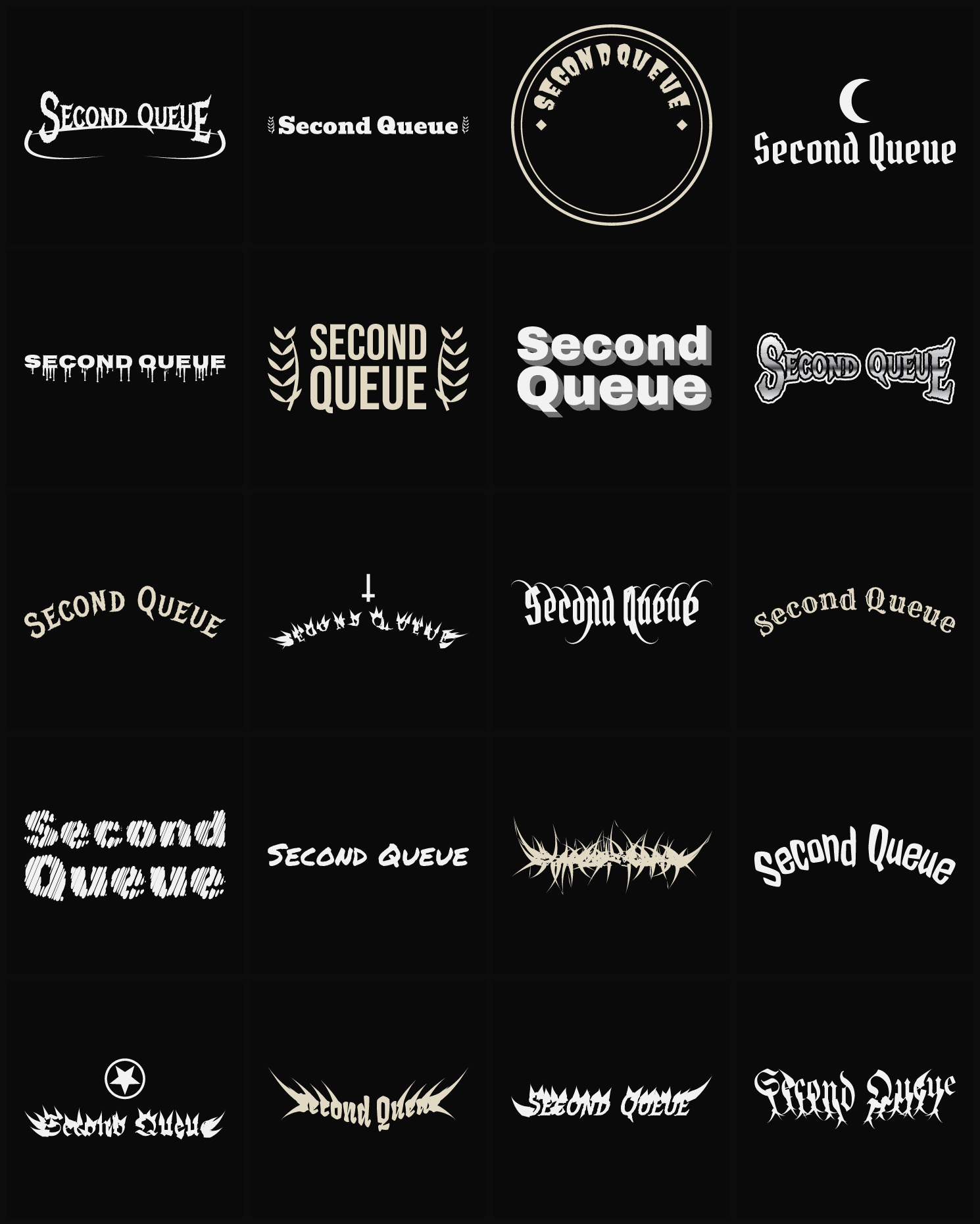 Twenty Second Queue band logo ideas — different faces, treatments and spike settings
