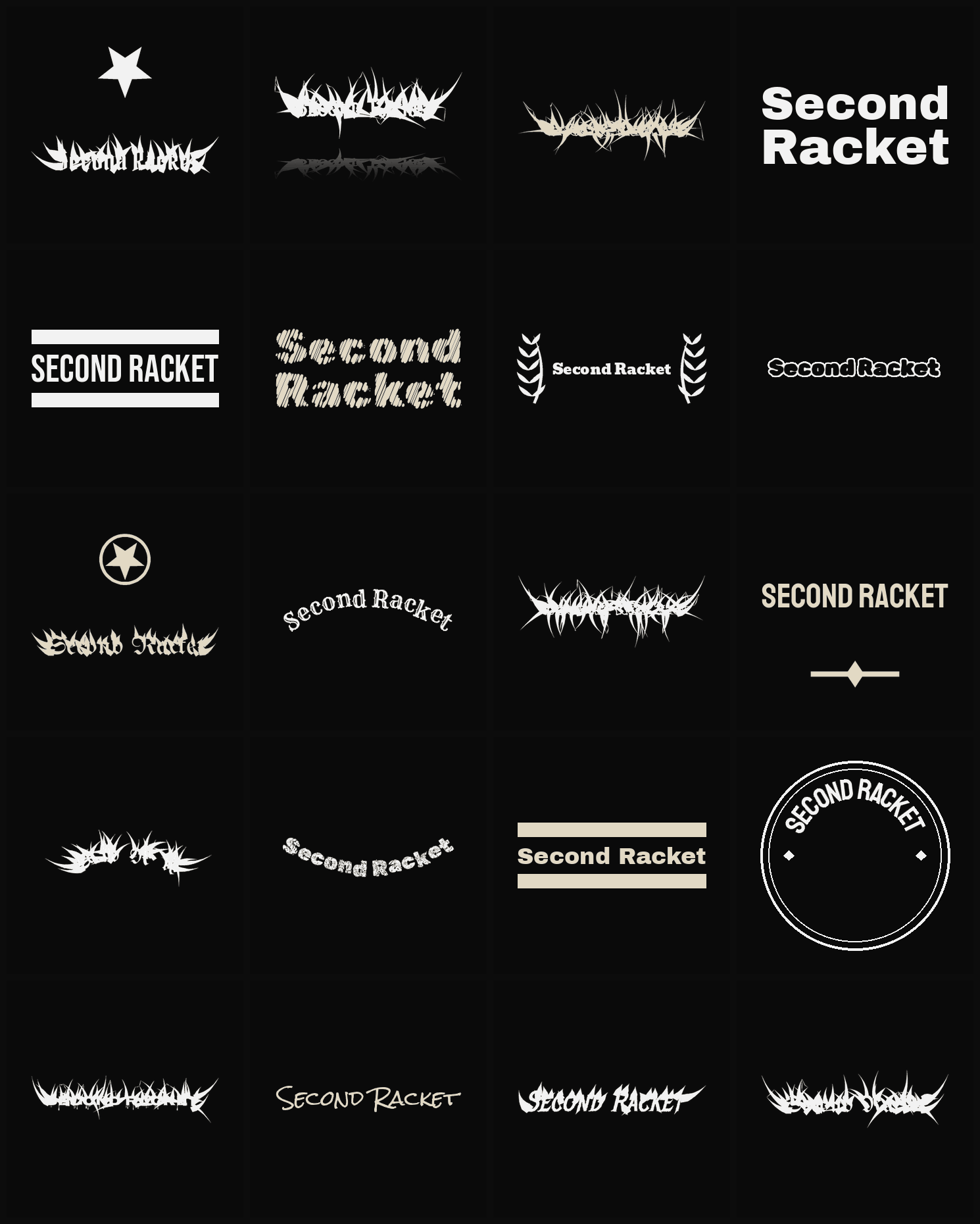 Twenty Second Racket band logo ideas — different faces, treatments and spike settings