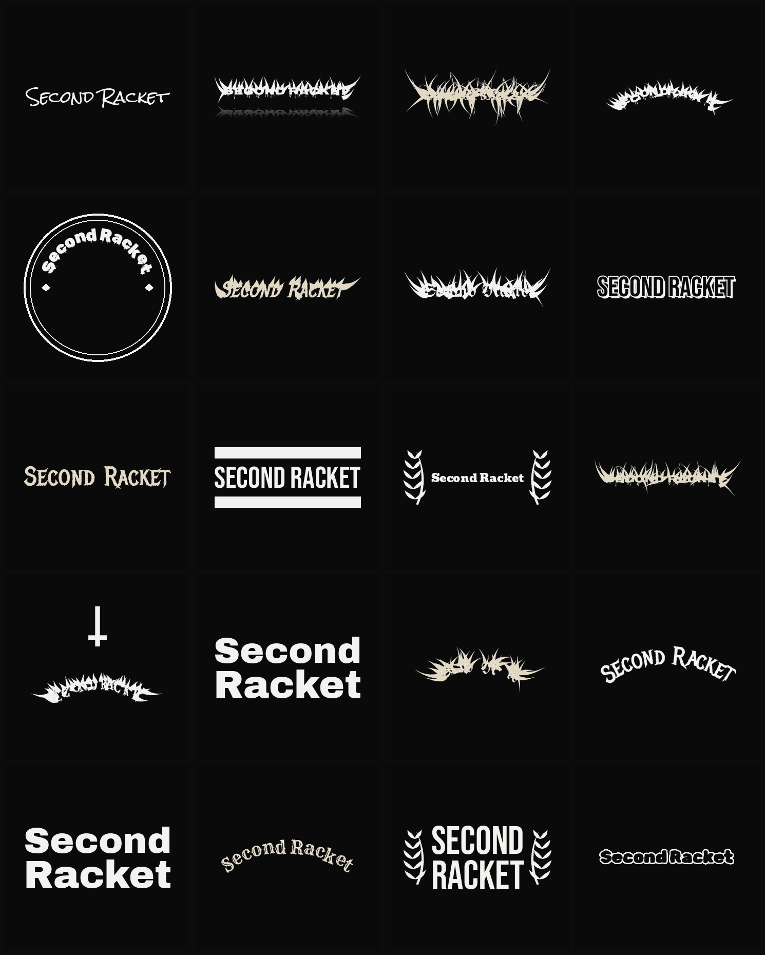 Twenty Second Racket band logo ideas — different faces, treatments and spike settings