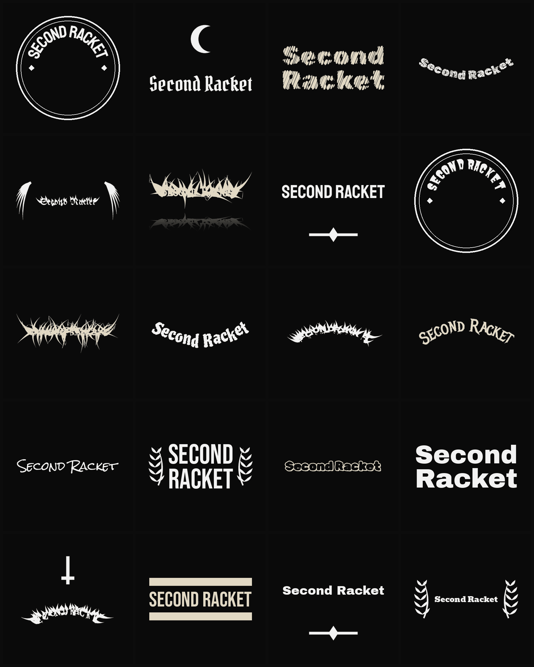 Twenty Second Racket band logo ideas — different faces, treatments and spike settings