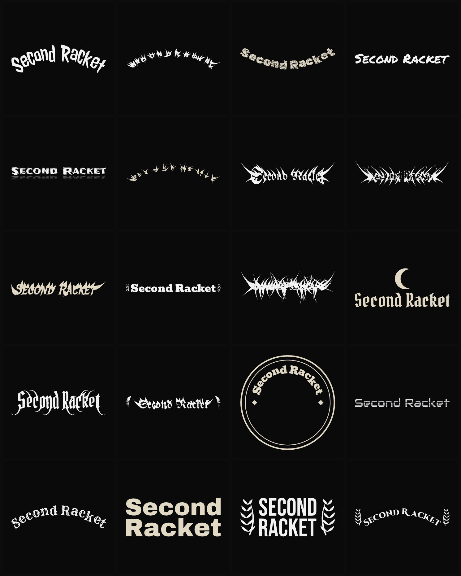 Twenty Second Racket band logo ideas — different faces, treatments and spike settings