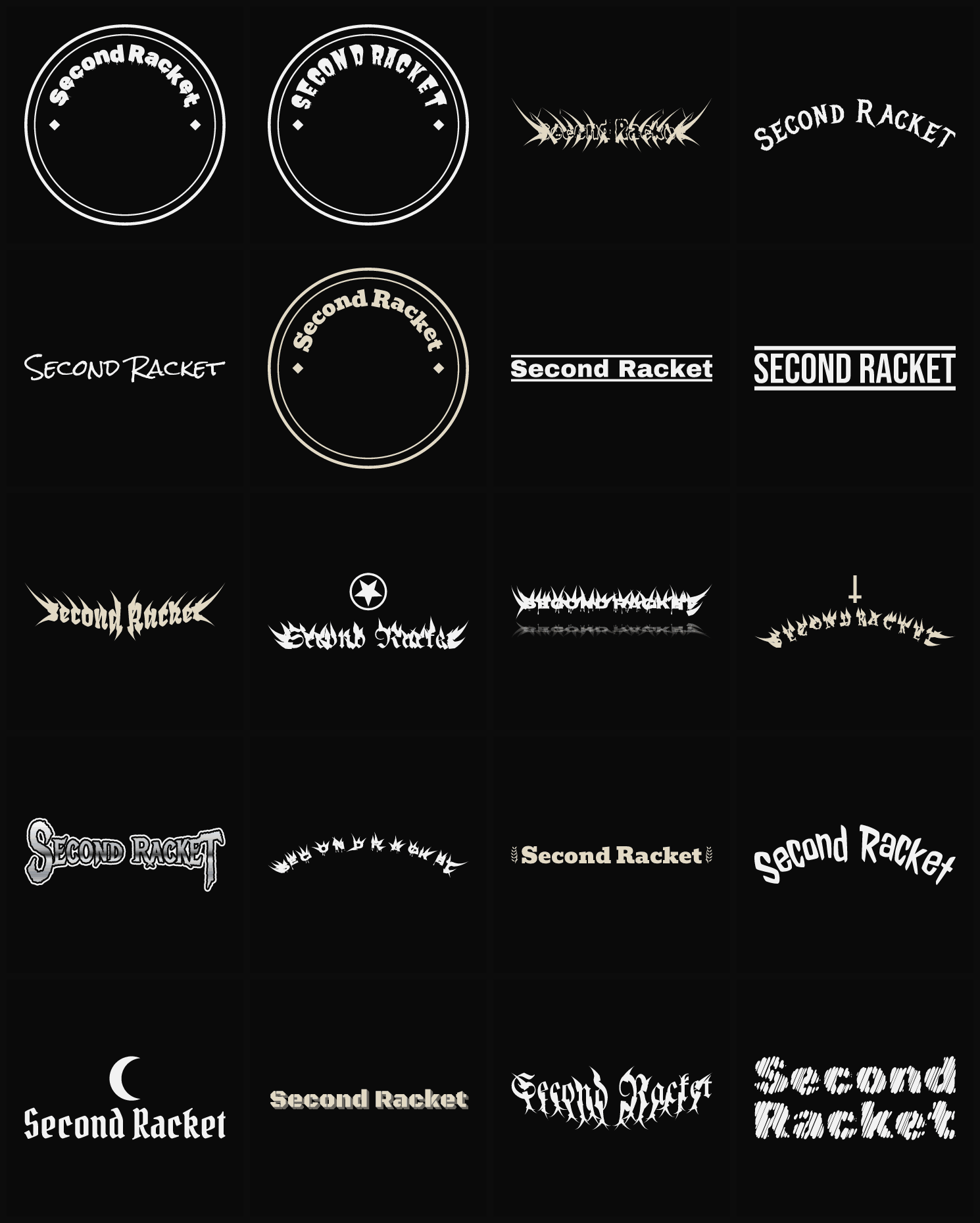 Twenty Second Racket band logo ideas — different faces, treatments and spike settings