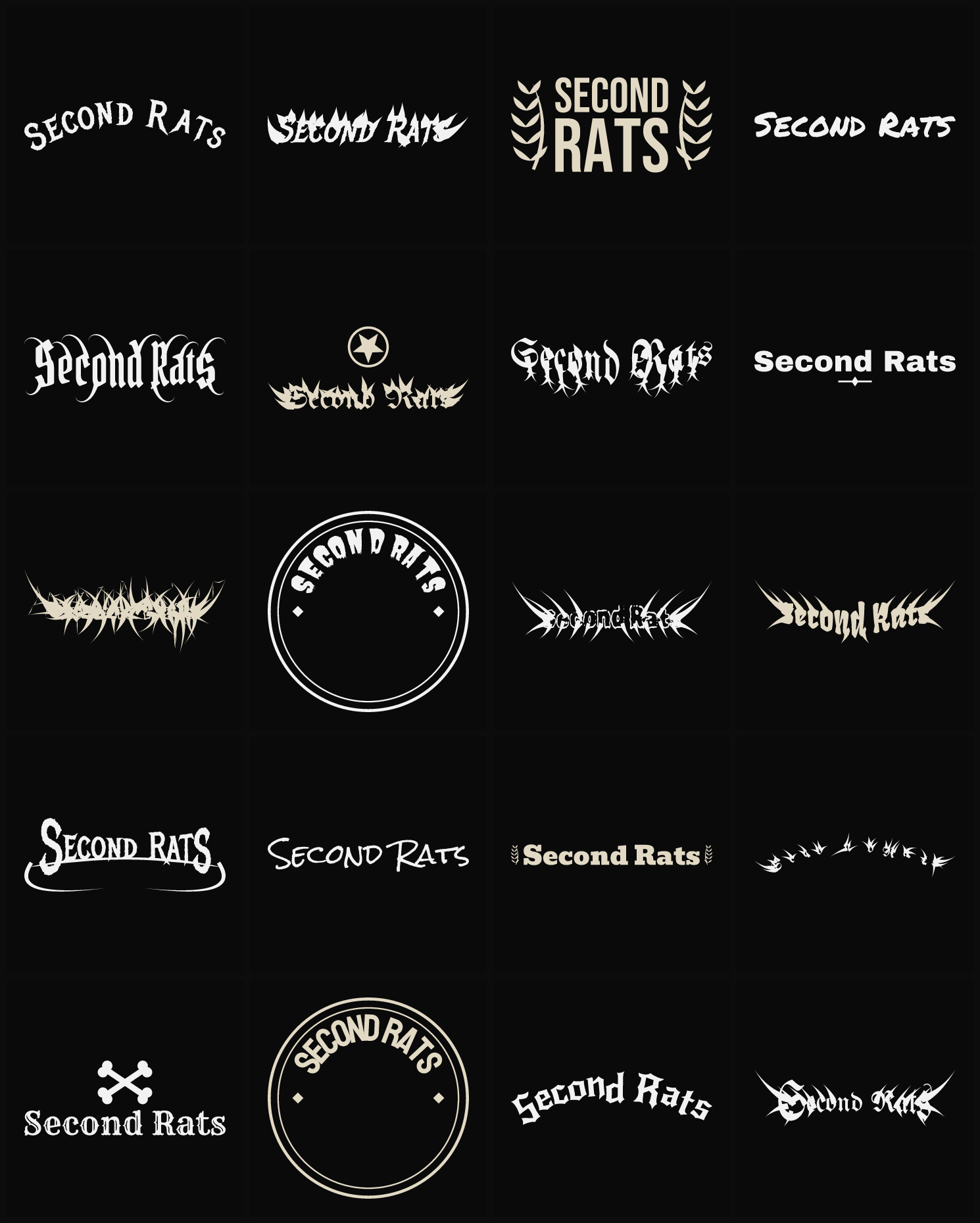 Twenty Second Rats band logo ideas — different faces, treatments and spike settings