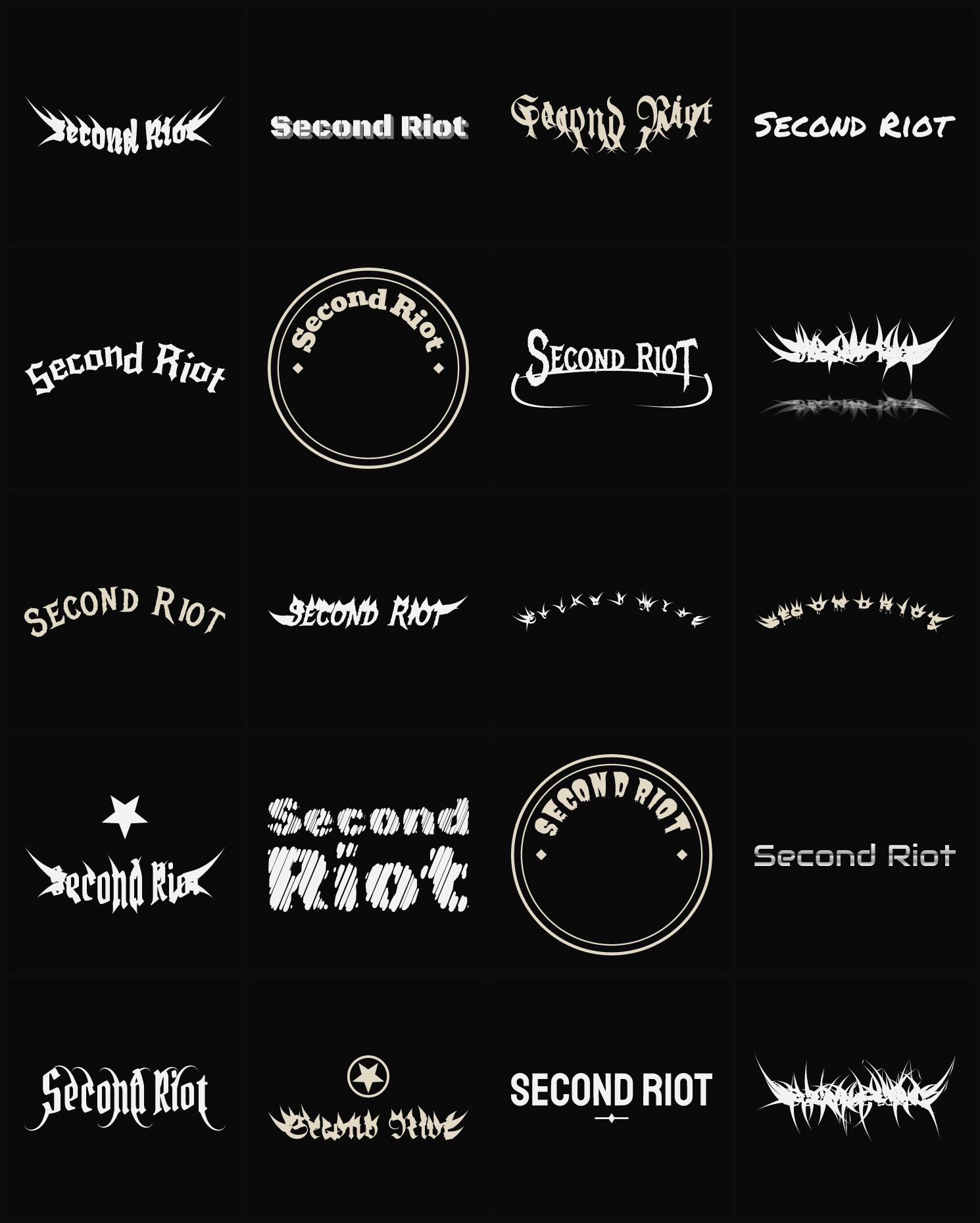 Twenty Second Riot band logo ideas — different faces, treatments and spike settings
