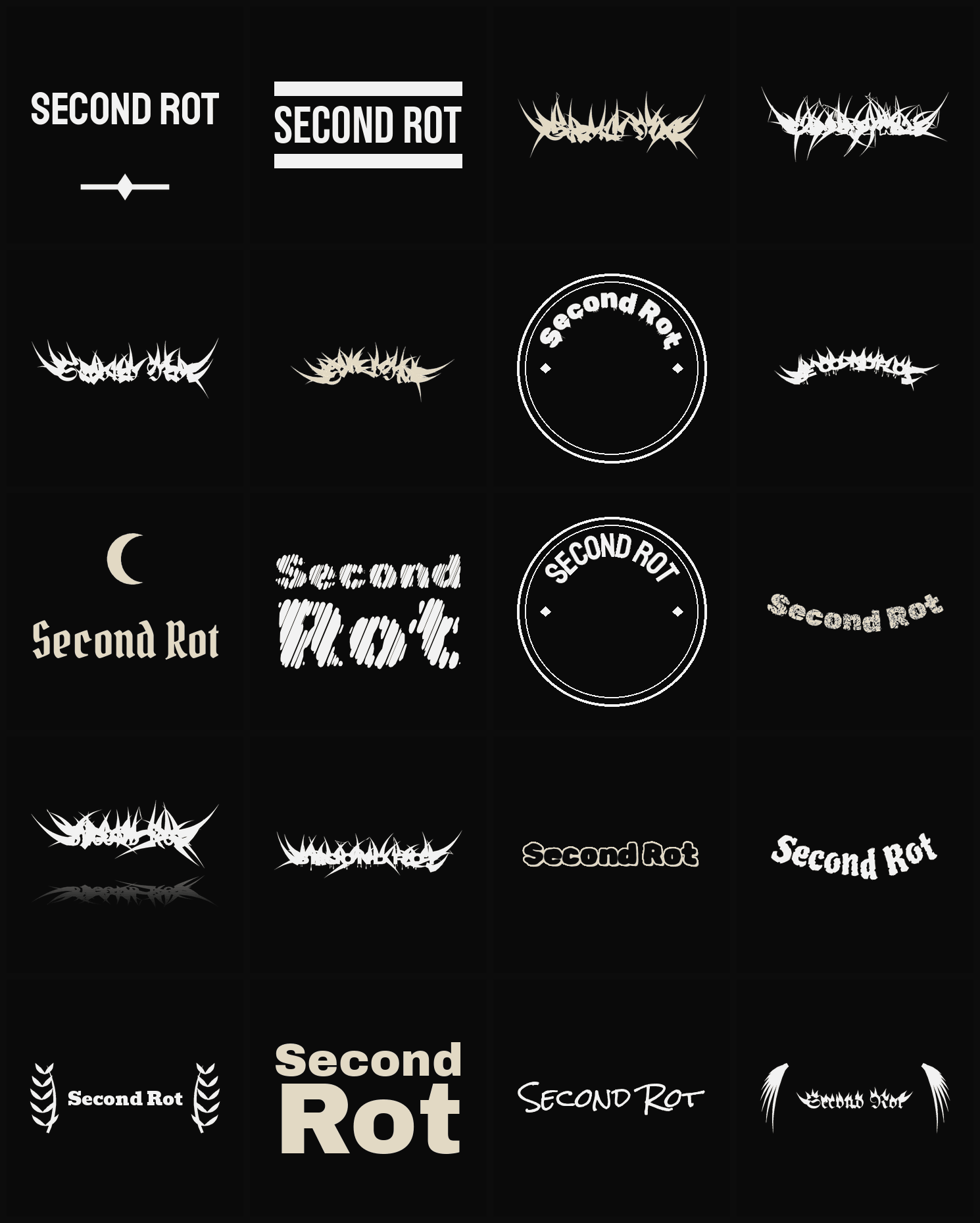 Twenty Second Rot band logo ideas — different faces, treatments and spike settings