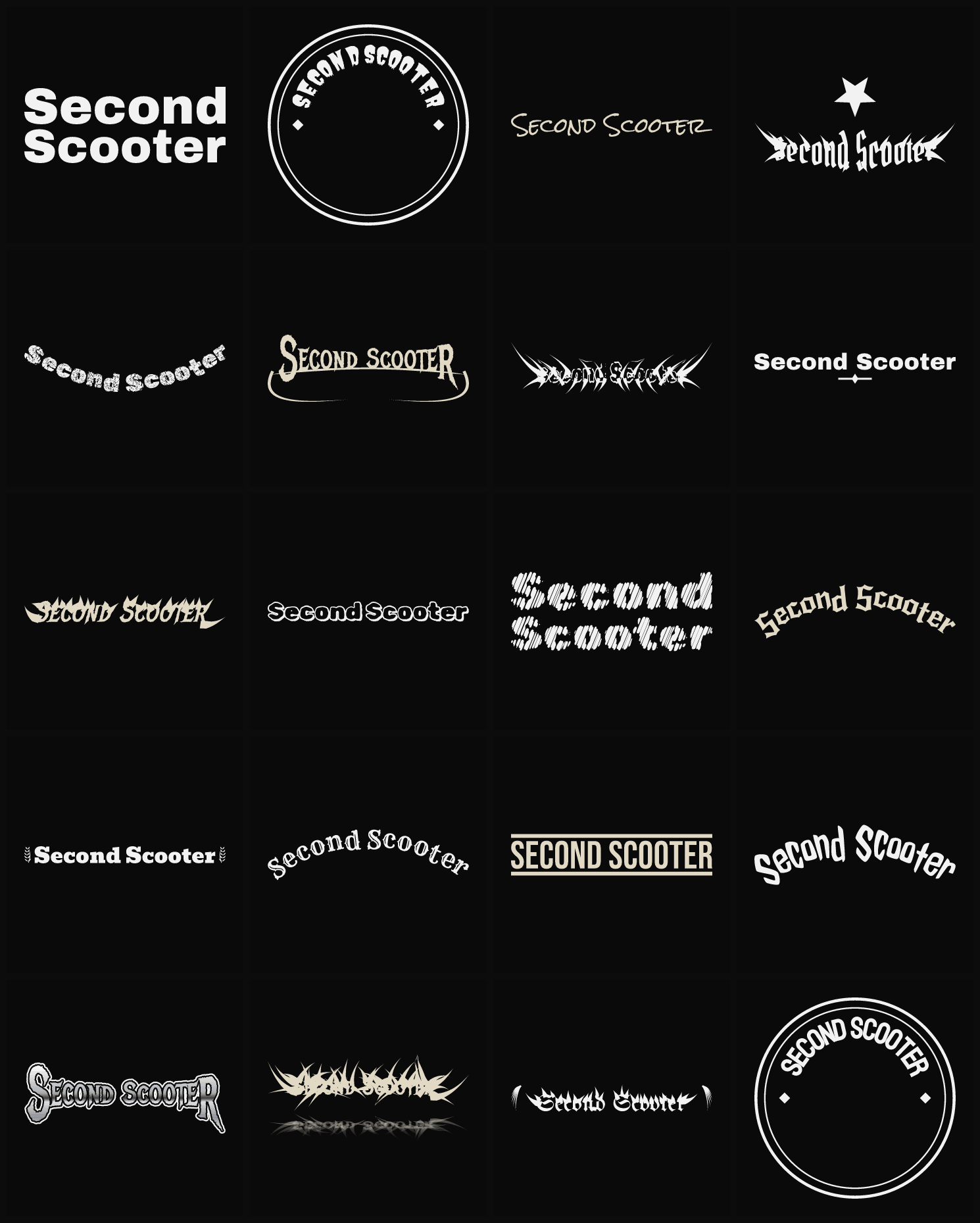 Twenty Second Scooter band logo ideas — different faces, treatments and spike settings