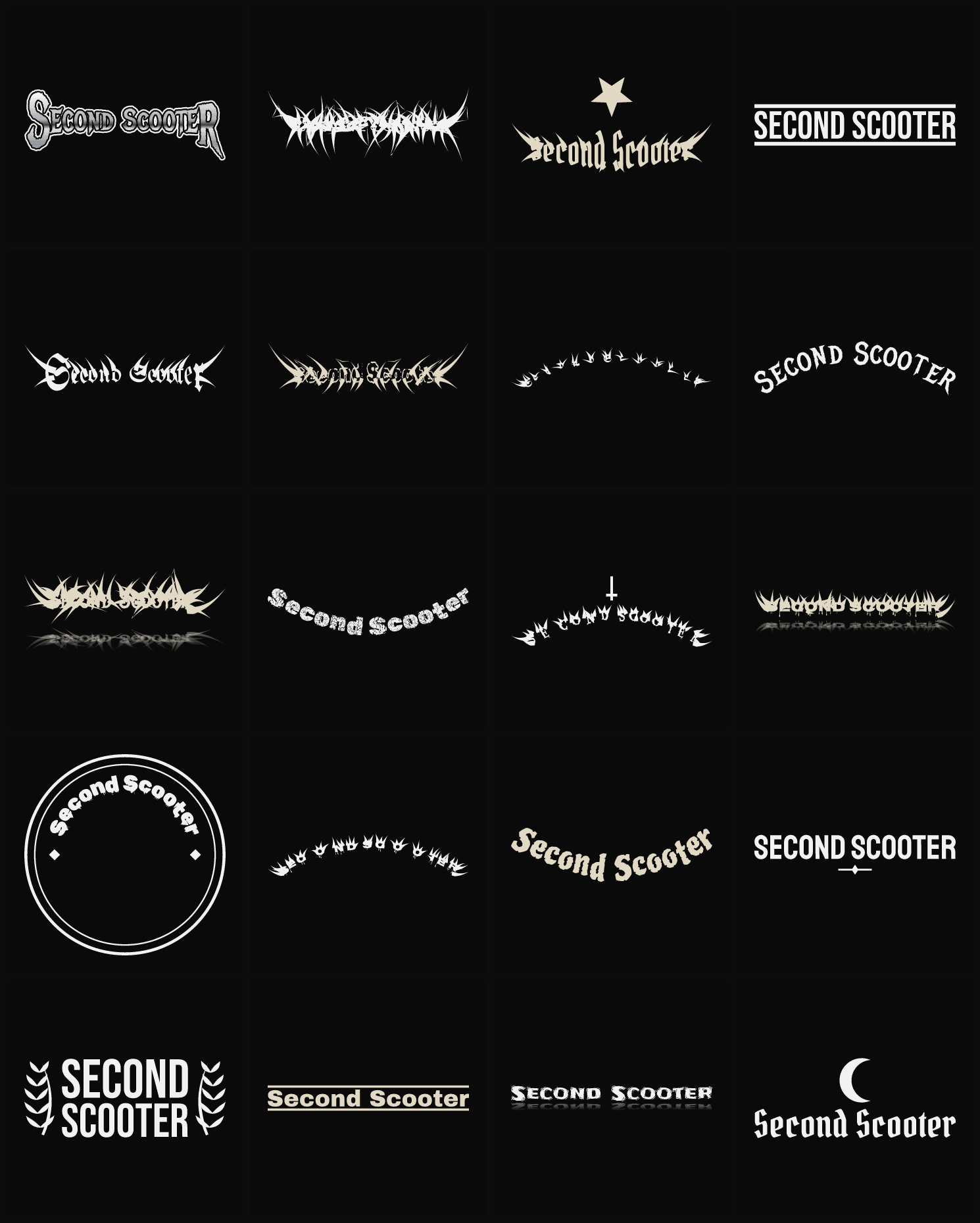 Twenty Second Scooter band logo ideas — different faces, treatments and spike settings