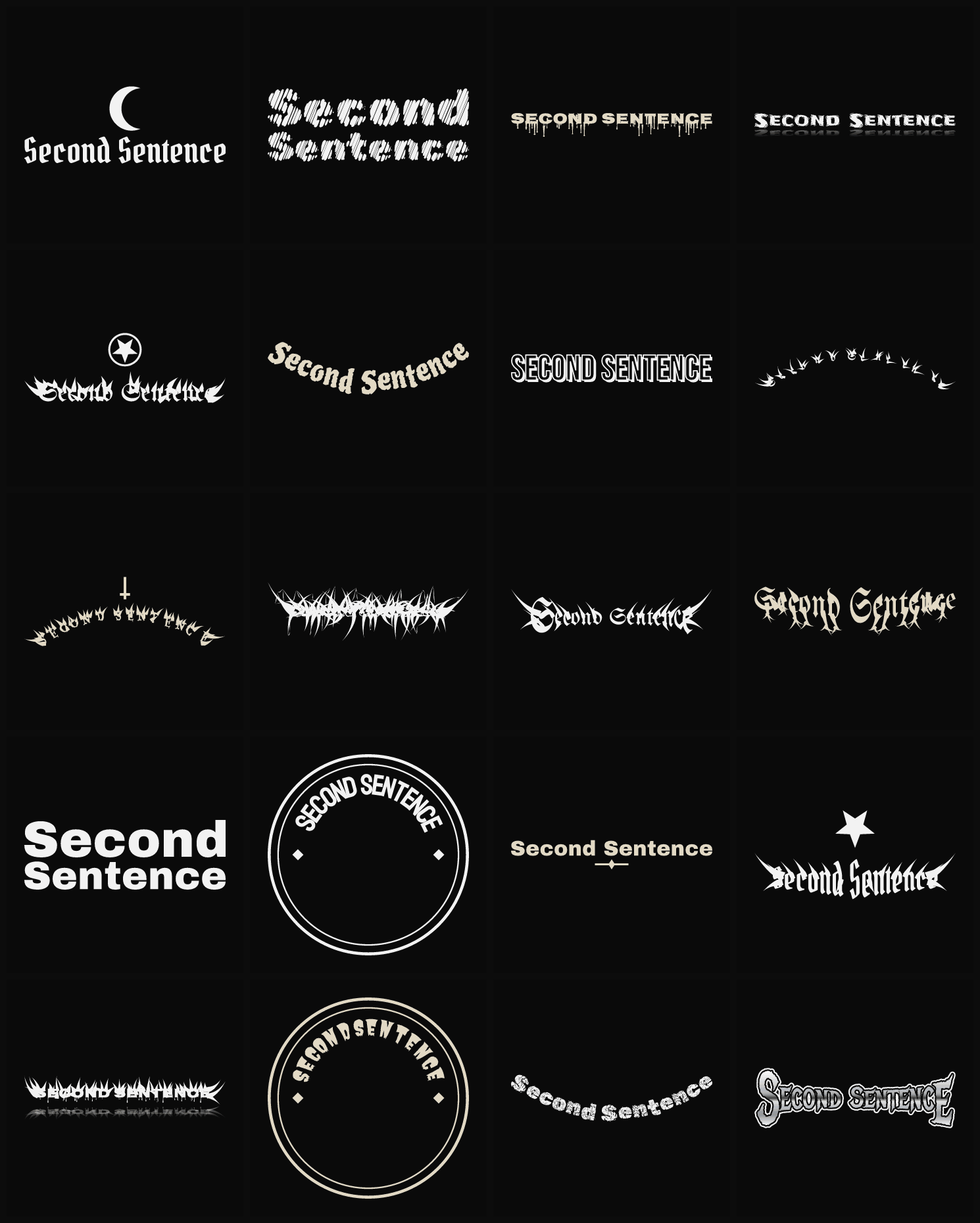 Twenty Second Sentence band logo ideas — different faces, treatments and spike settings