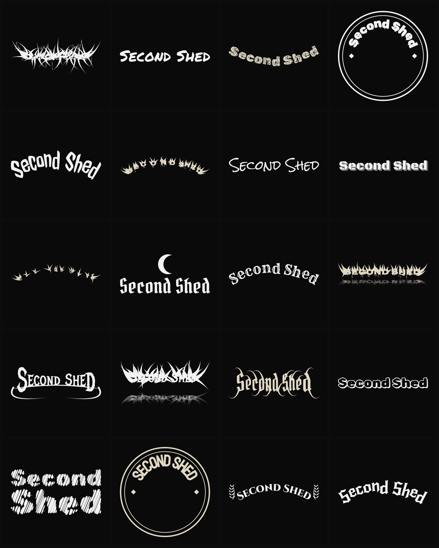 Twenty Second Shed band logo ideas — different faces, treatments and spike settings
