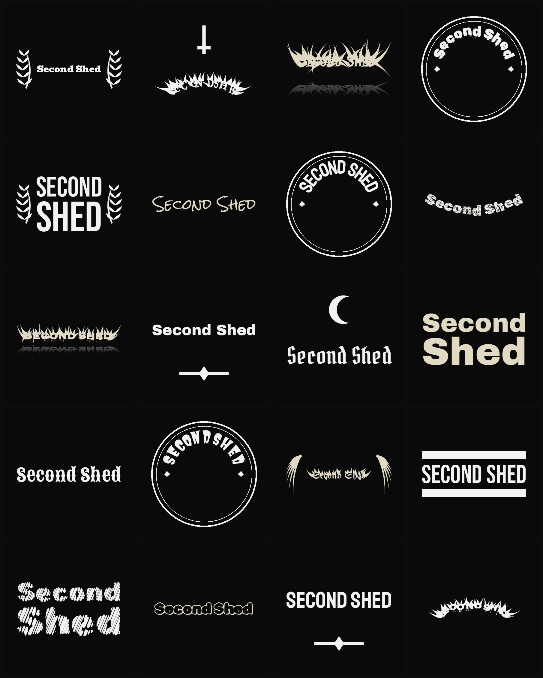 Twenty Second Shed band logo ideas — different faces, treatments and spike settings