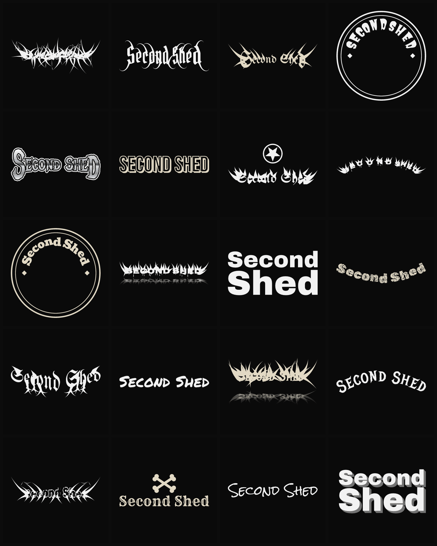 Twenty Second Shed band logo ideas — different faces, treatments and spike settings
