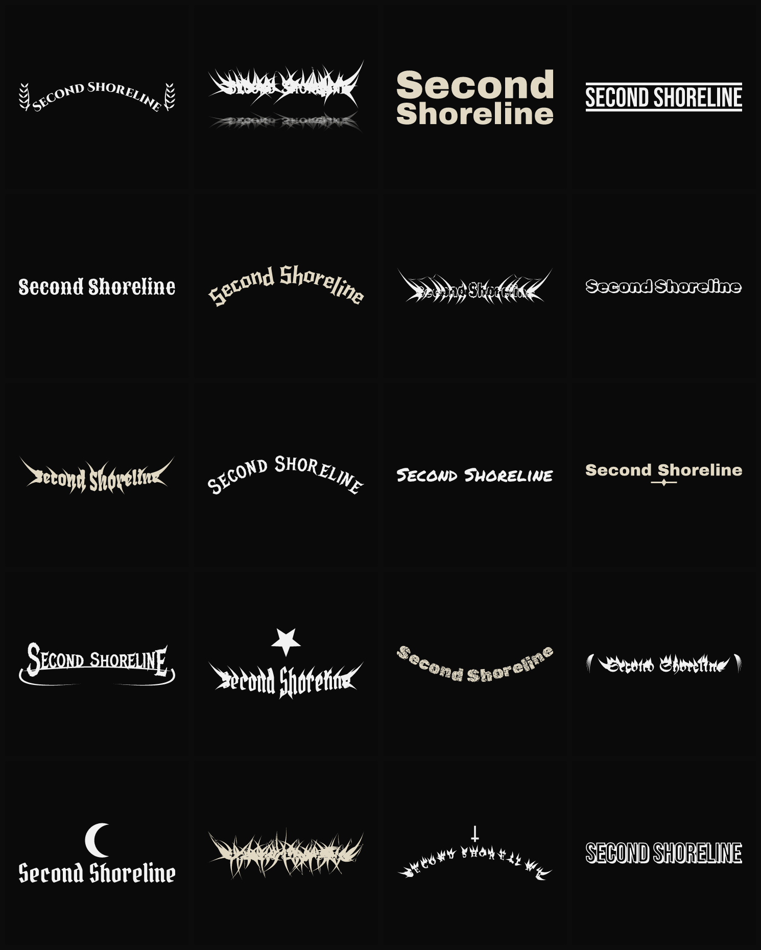 Twenty Second Shoreline band logo ideas — different faces, treatments and spike settings